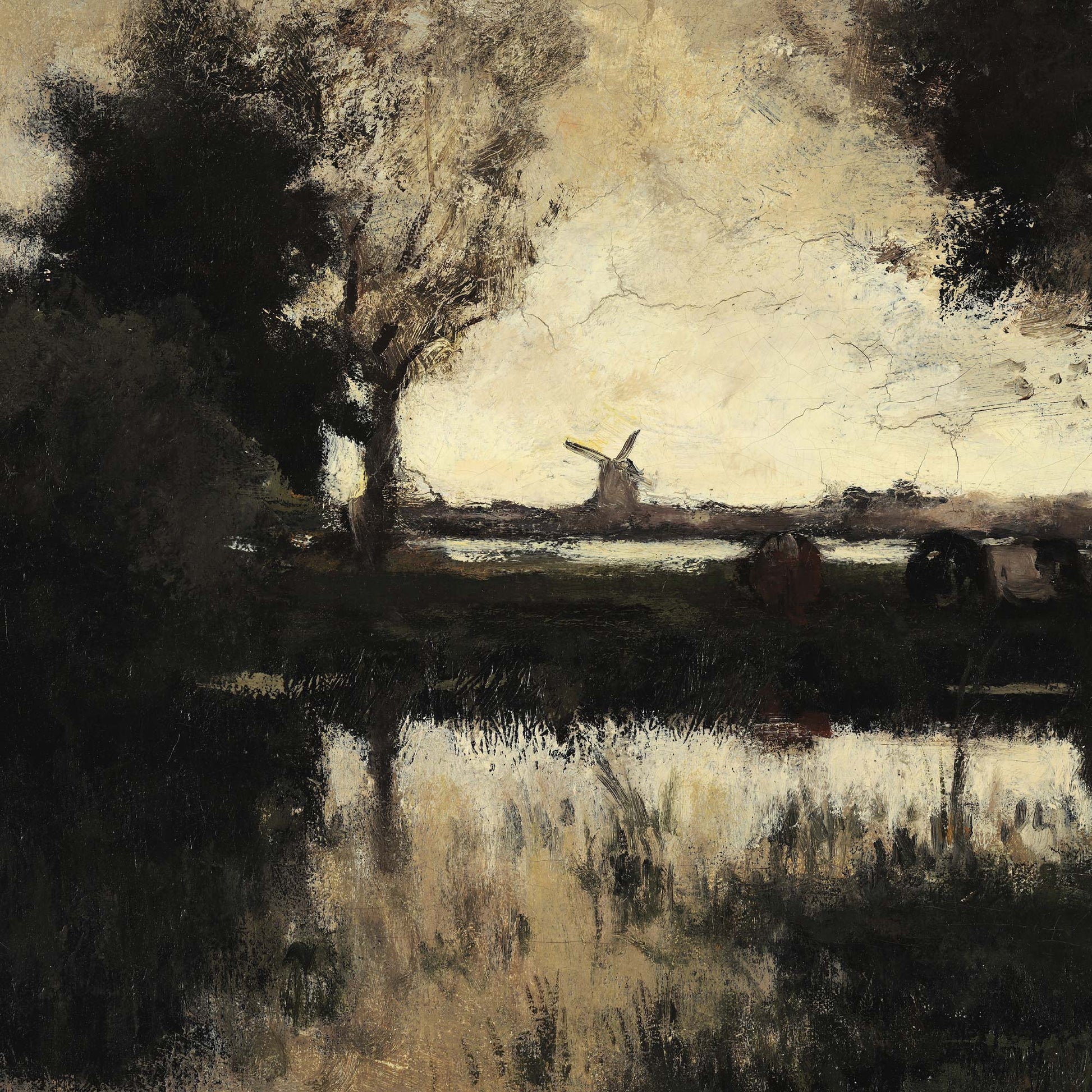 Close-up of moody Dutch landscape painting with windmill silhouette, dark trees, and reflective water in sepia and umber tones