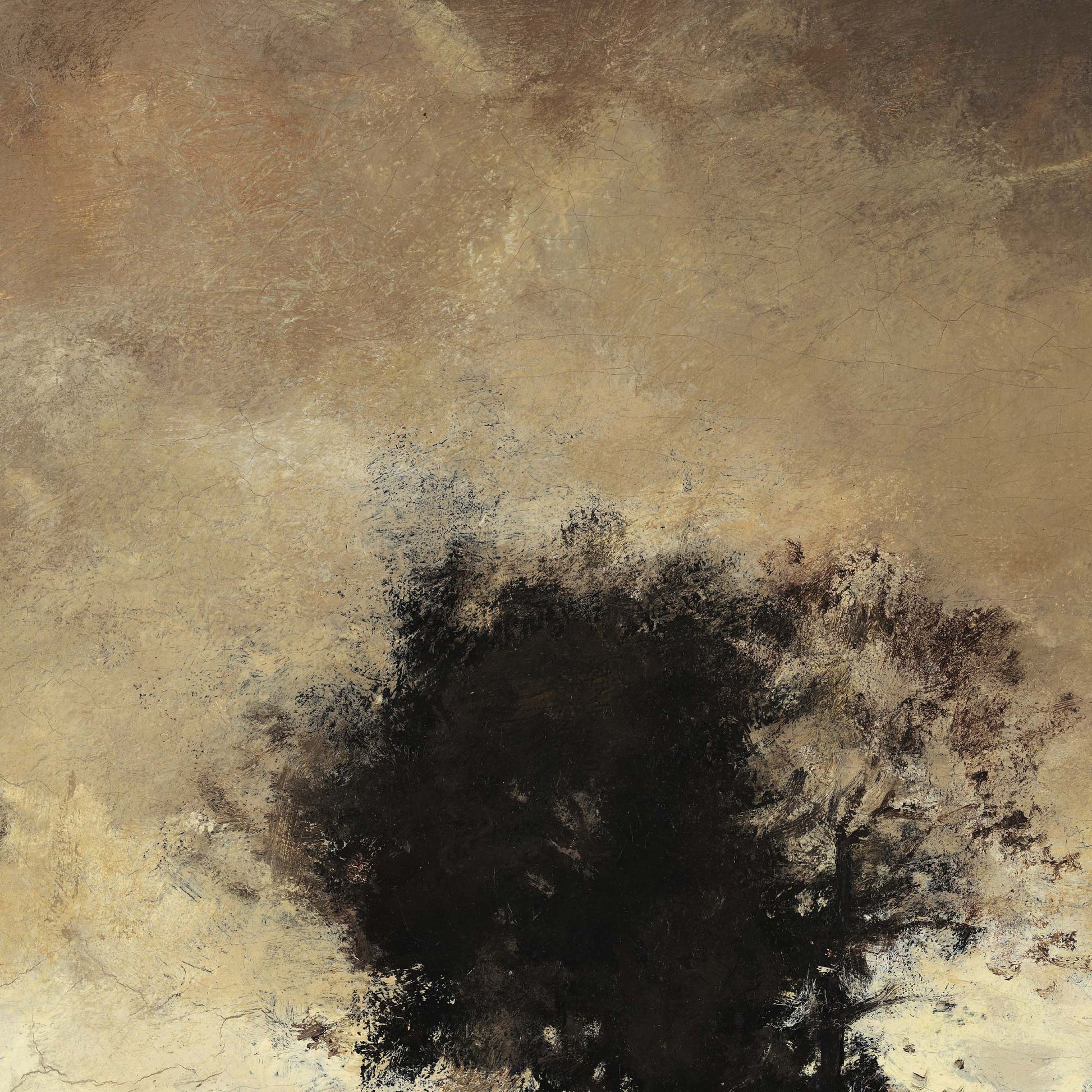 Detailed view of vintage oil painting sky with cracked patina texture and dark tree foliage in warm brown and ivory tones
