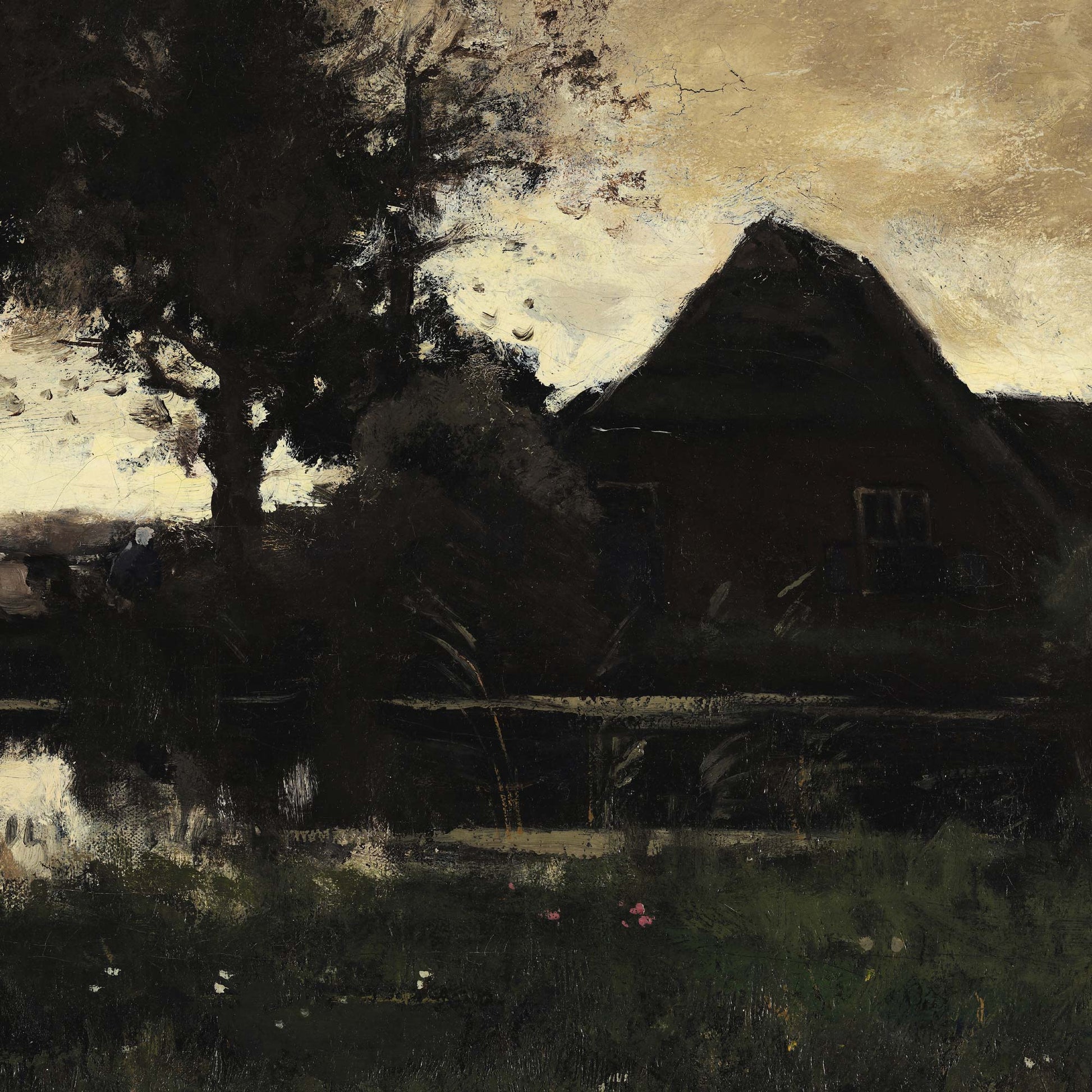 Close-up of antique Dutch farmhouse with thatched roof, weathered tree, and dusk sky in dark academia palette