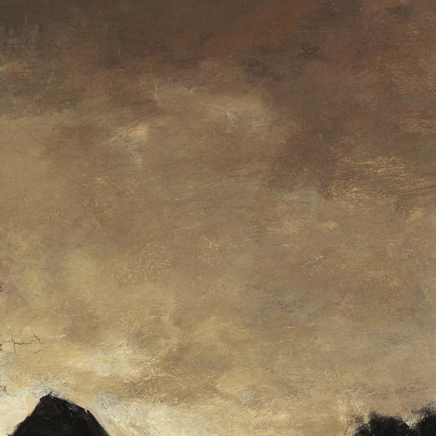 Macro view of moody oil painting sky with aged crackle texture in rich umber, sepia, and golden brown tones