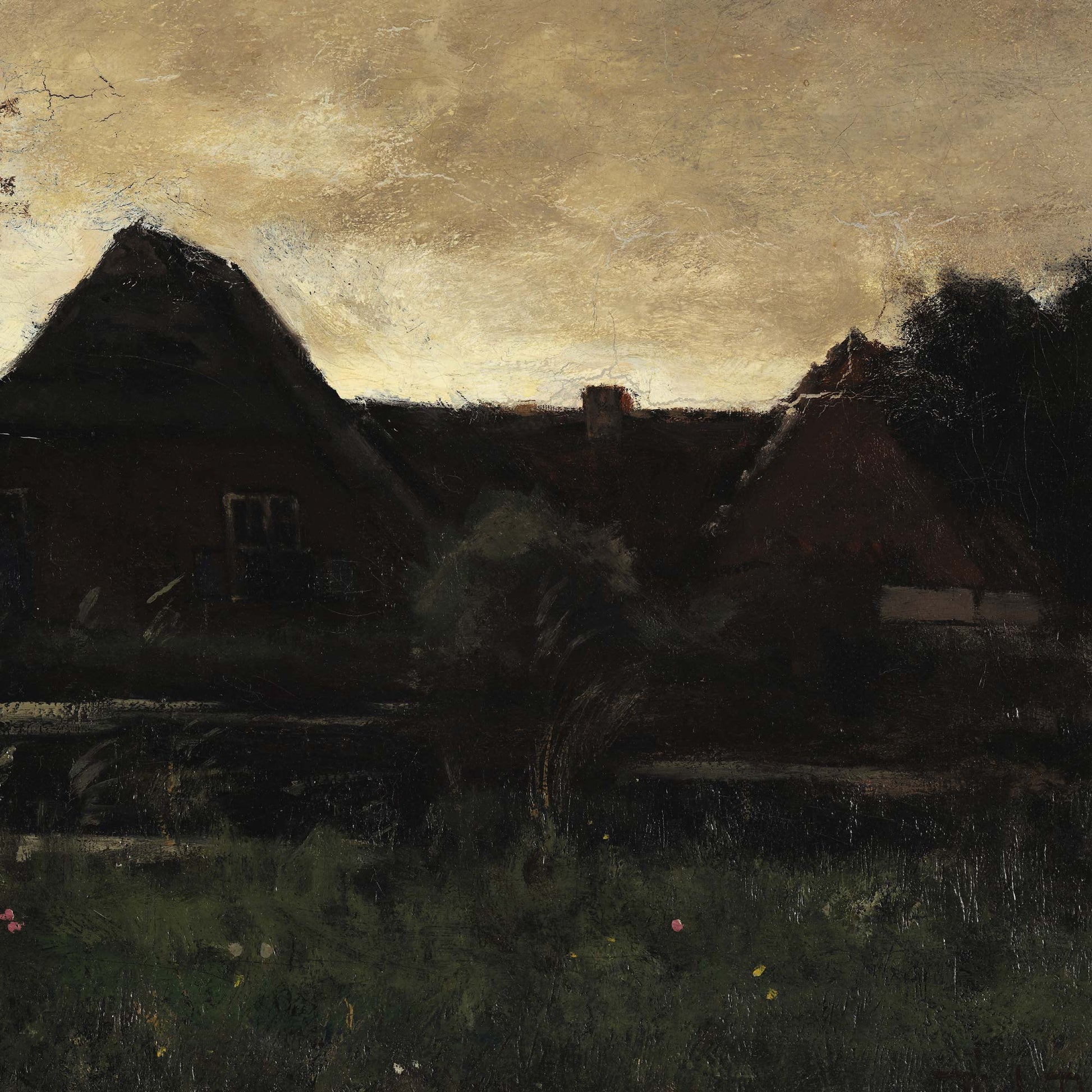 Close-up of dark thatched cottages with dramatic dusk sky and shadowed meadow in vintage Dutch landscape style