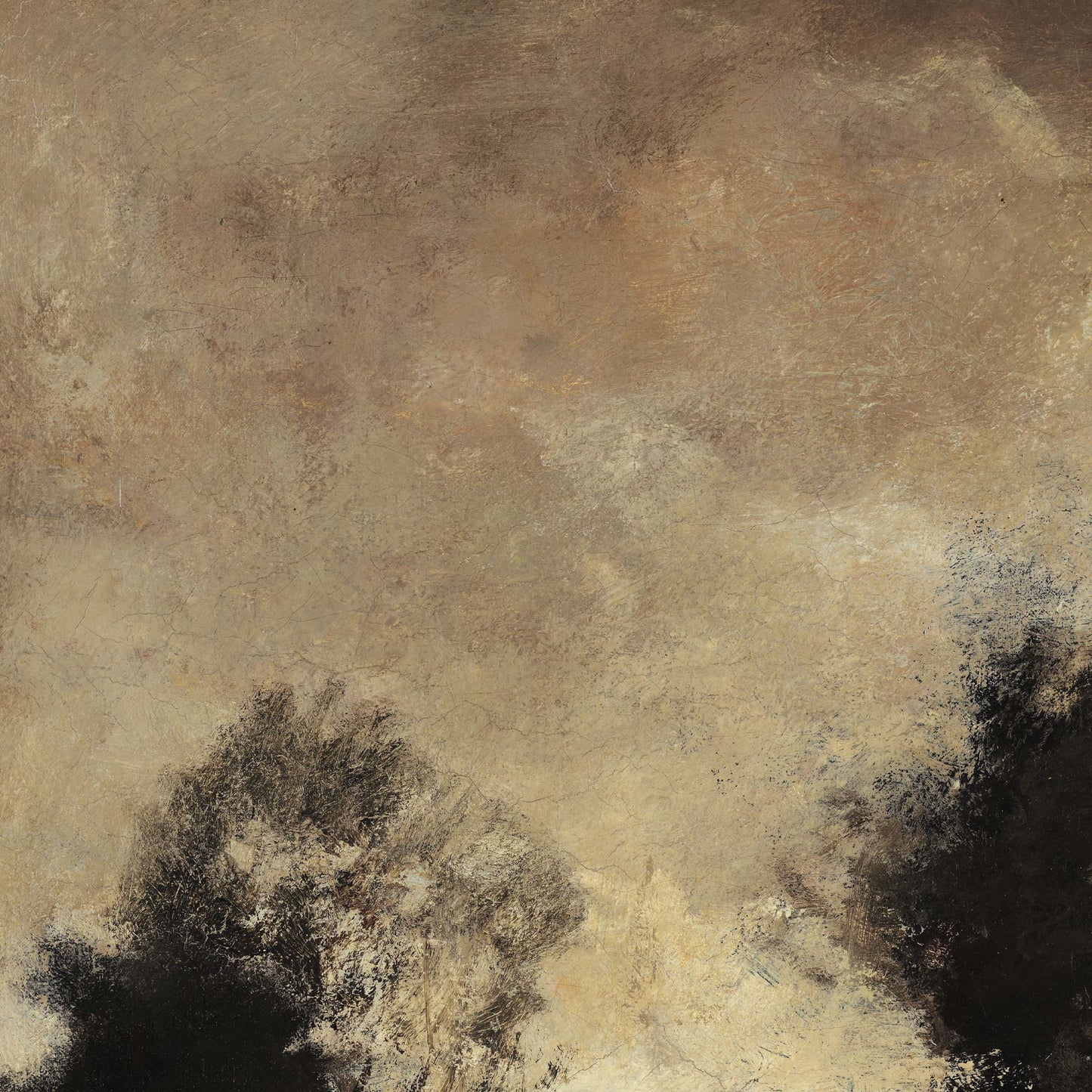 Detailed brushwork of antique landscape painting showing tree foliage and weathered sky in muted earth tones