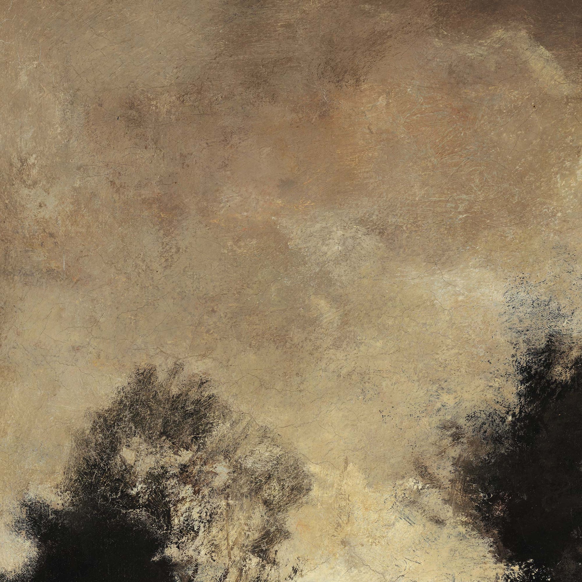 Detailed brushwork of antique landscape painting showing tree foliage and weathered sky in muted earth tones