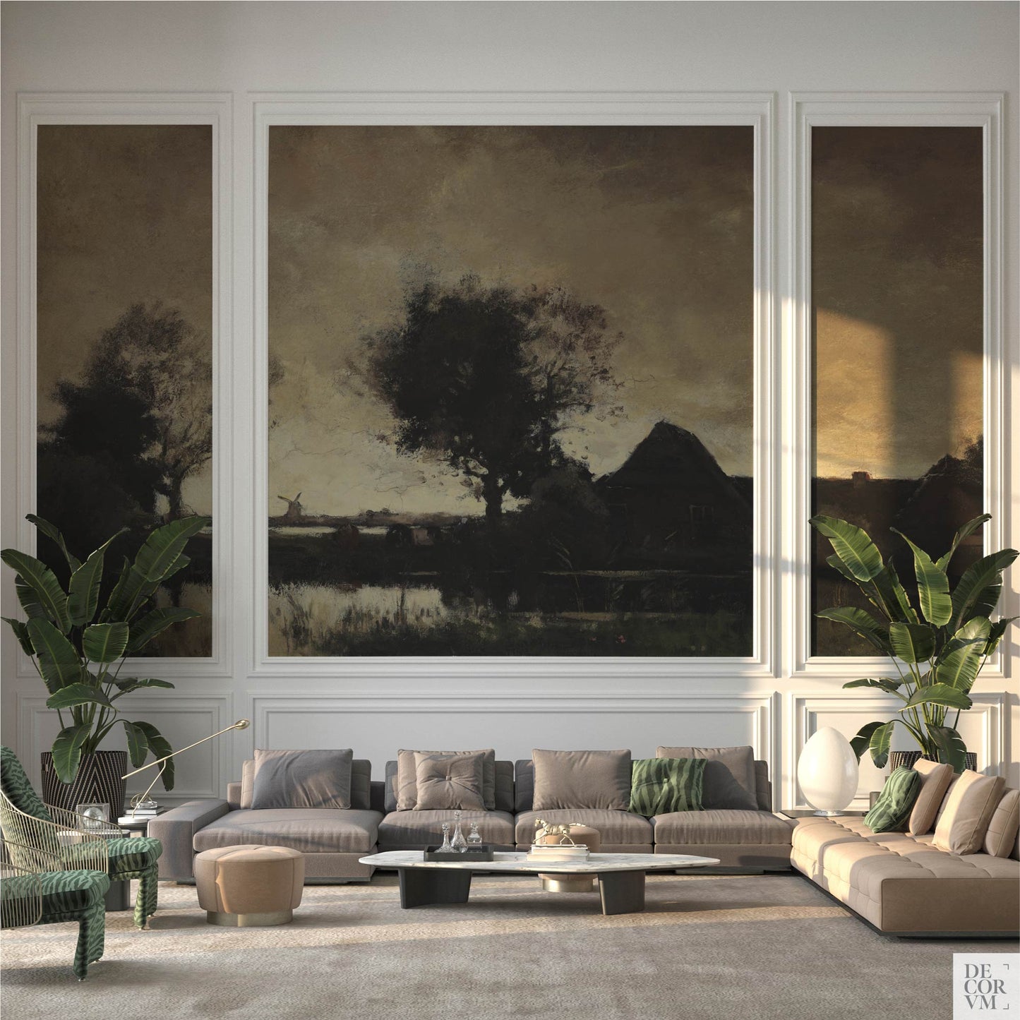 Moody Dutch landscape wall mural in elegant living room with paneled walls, neutral velvet sofa, and tropical plants for hotel-inspired interior decor