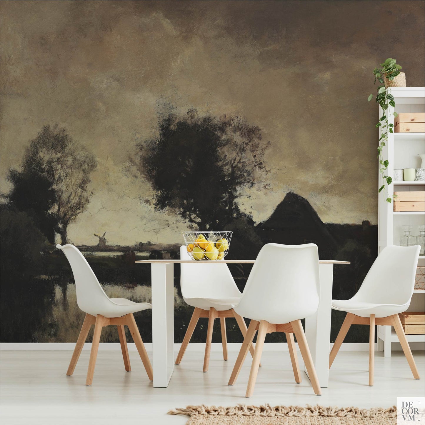 Vintage Dutch painter wall mural in minimalist dining room with white chairs, wooden table, and Scandinavian shelving in dark academia style