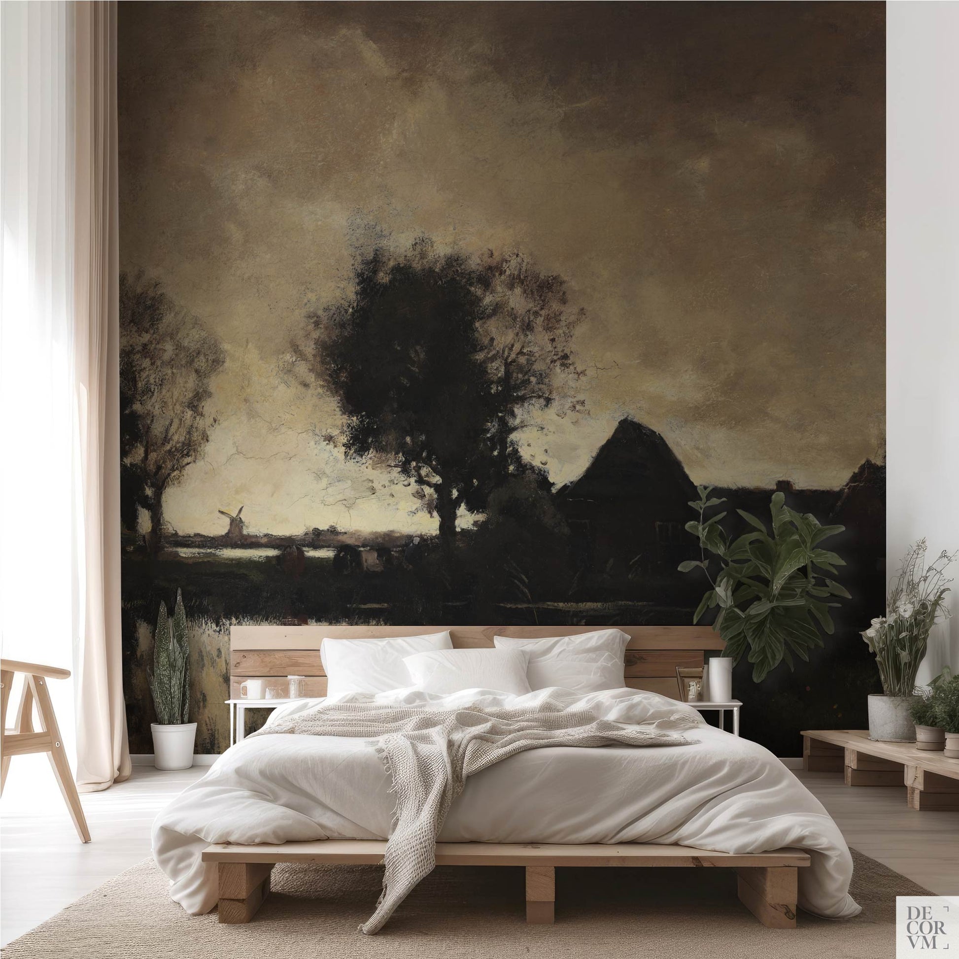 Hague School landscape wall mural in serene bedroom with platform bed, white bedding, and soft natural lighting for European cottage interior