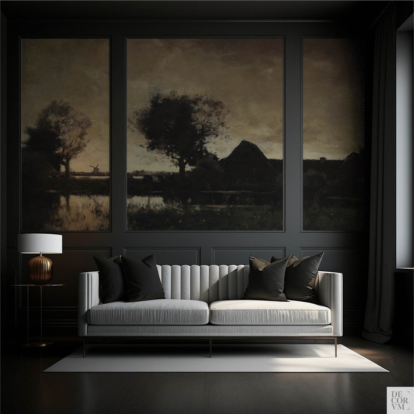 Dark academia landscape wall mural framed in dark paneled living room with grey velvet sofa, brass lamp, and moody hotel lounge styling