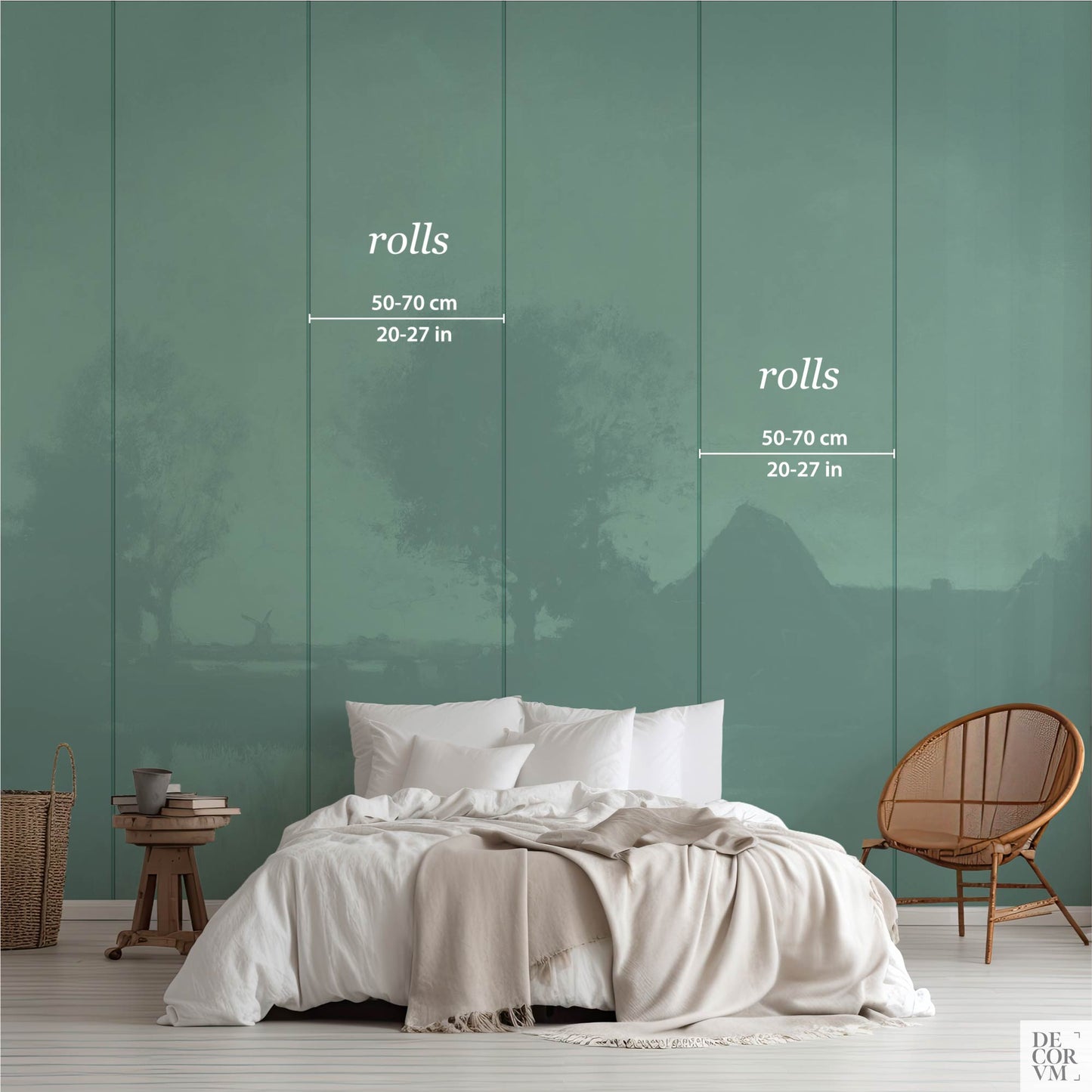 Dark academia landscape wallpaper mural installation guide showing roll widths of 50-70 cm or 20-27 inches in styled bedroom setting
