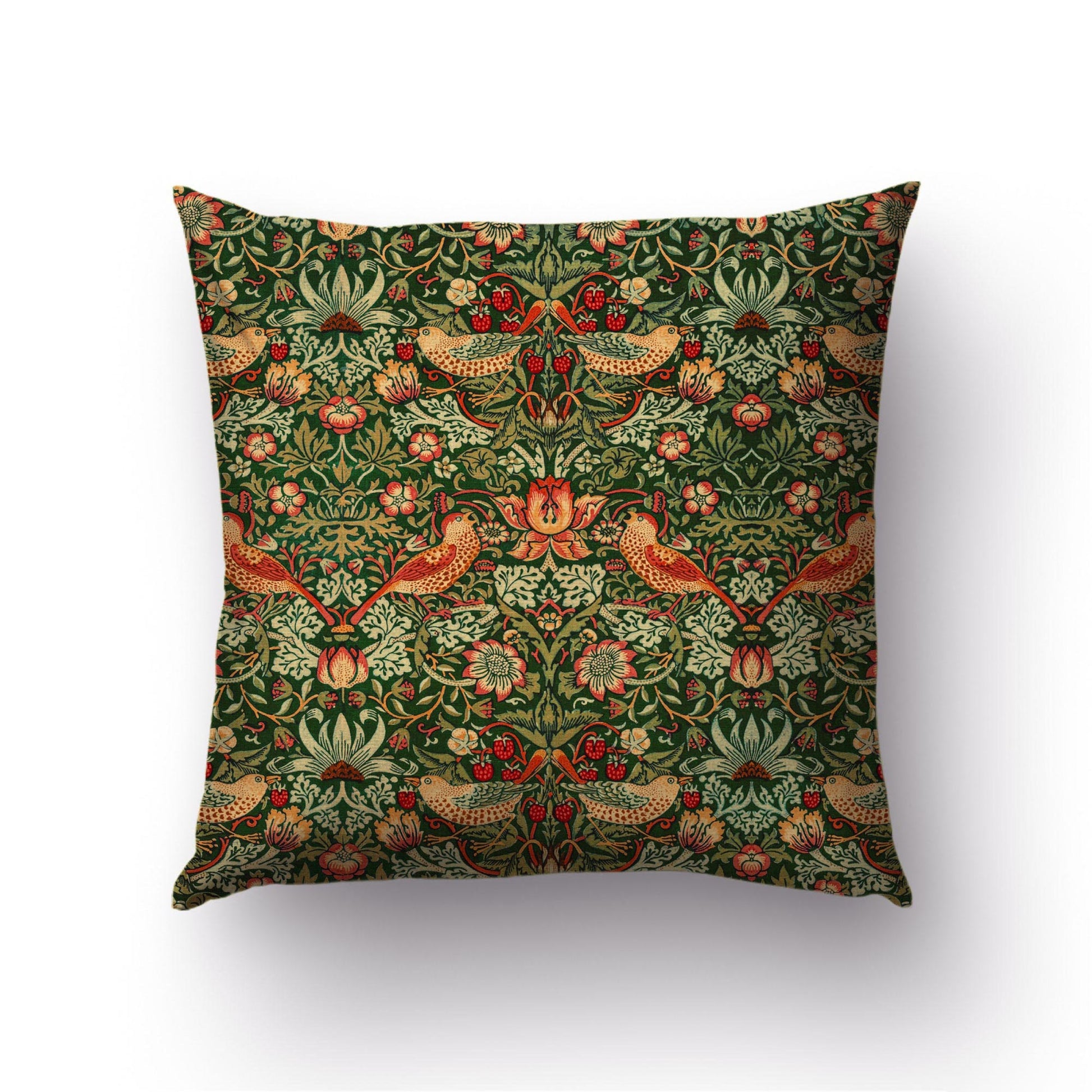 William Morris Strawberry Thief throw pillow cover in dark green — 1883 Arts and Crafts bird and floral pattern by Decorvm.