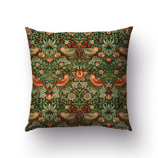 William Morris Strawberry Thief throw pillow cover in dark green — 1883 Arts and Crafts bird and floral pattern by Decorvm.