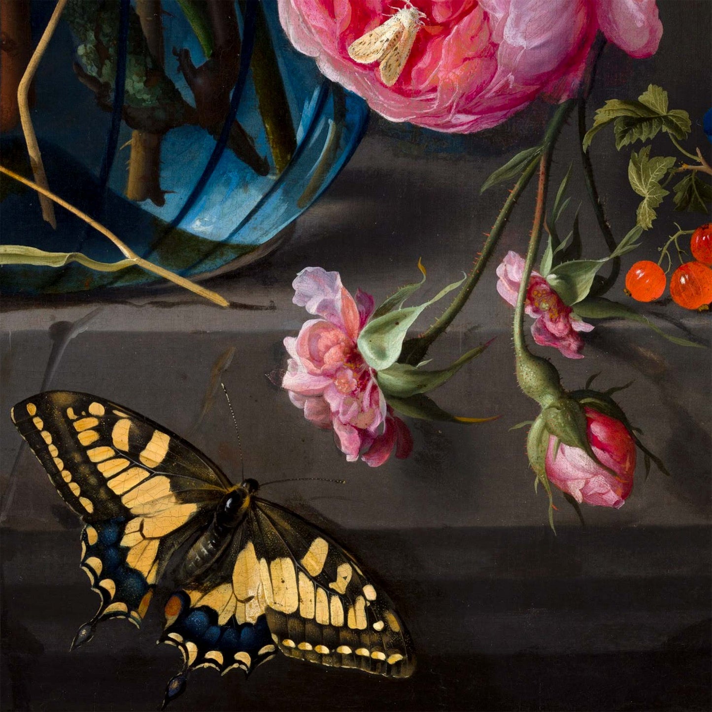 Close-up of a yellow Swallowtail butterfly, pink roses, and red berries — design detail from Jan Davidsz de Heem's c.1670 baroque still life.