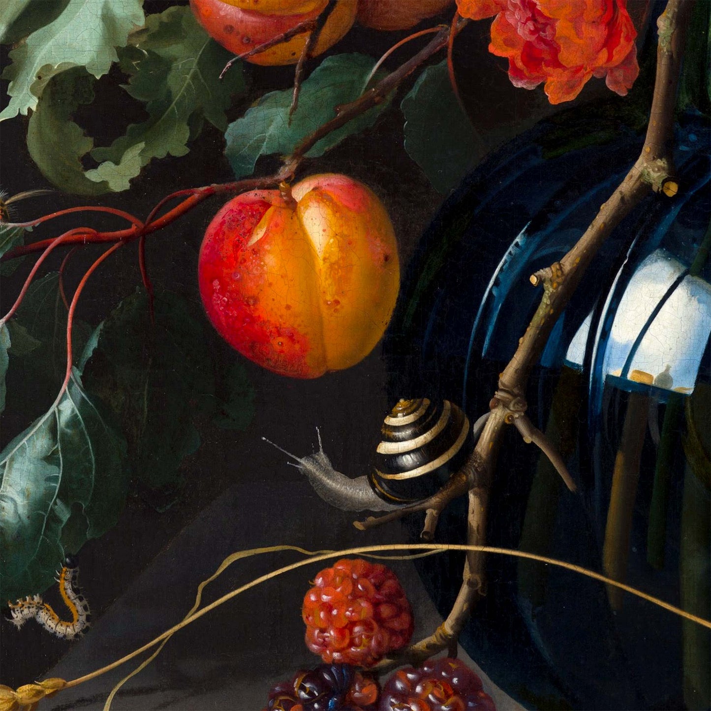 Macro view of the Dutch Floral cushion print showing a snail, a caterpillar, ripe fruit, and the studio window reflection in a blue glass vase — design detail.