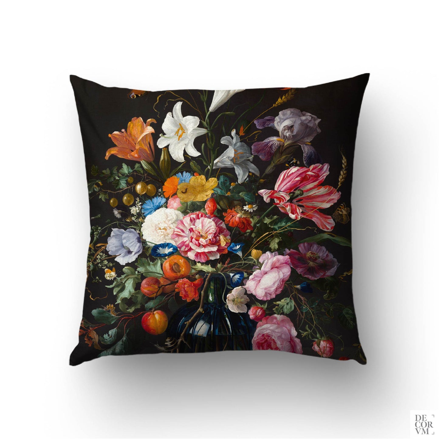 Dutch Floral Still Life cushion cover featuring Jan Davidsz de Heem's c.1670 baroque bouquet with vibrant flowers and insects on a dark background.