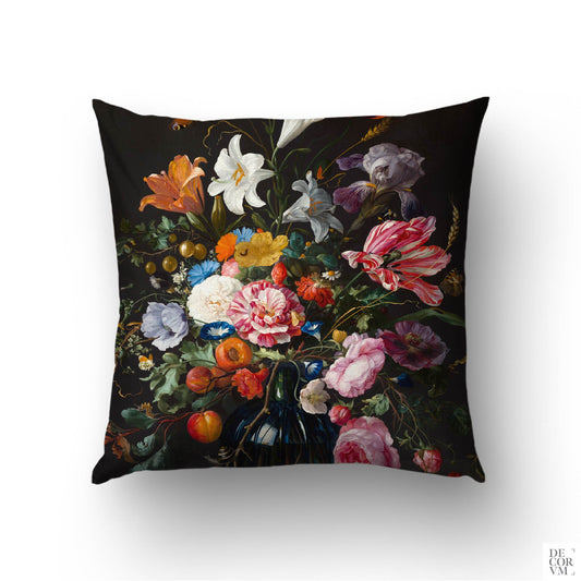 Dutch Floral Still Life cushion cover featuring Jan Davidsz de Heem's c.1670 baroque bouquet with vibrant flowers and insects on a dark background.