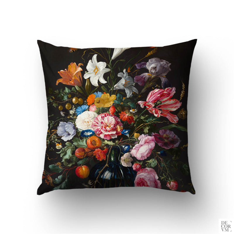 Dutch Floral Still Life cushion cover featuring Jan Davidsz de Heem's c.1670 baroque bouquet with vibrant flowers and insects on a dark background.