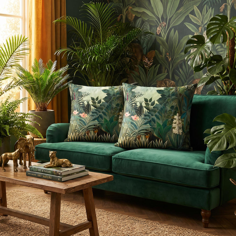 Henri Rousseau Equatorial Jungle cushion covers styled on an emerald green velvet sofa in a maximalist living room with jungle wallpaper, lush plants, and brass animal figurines.