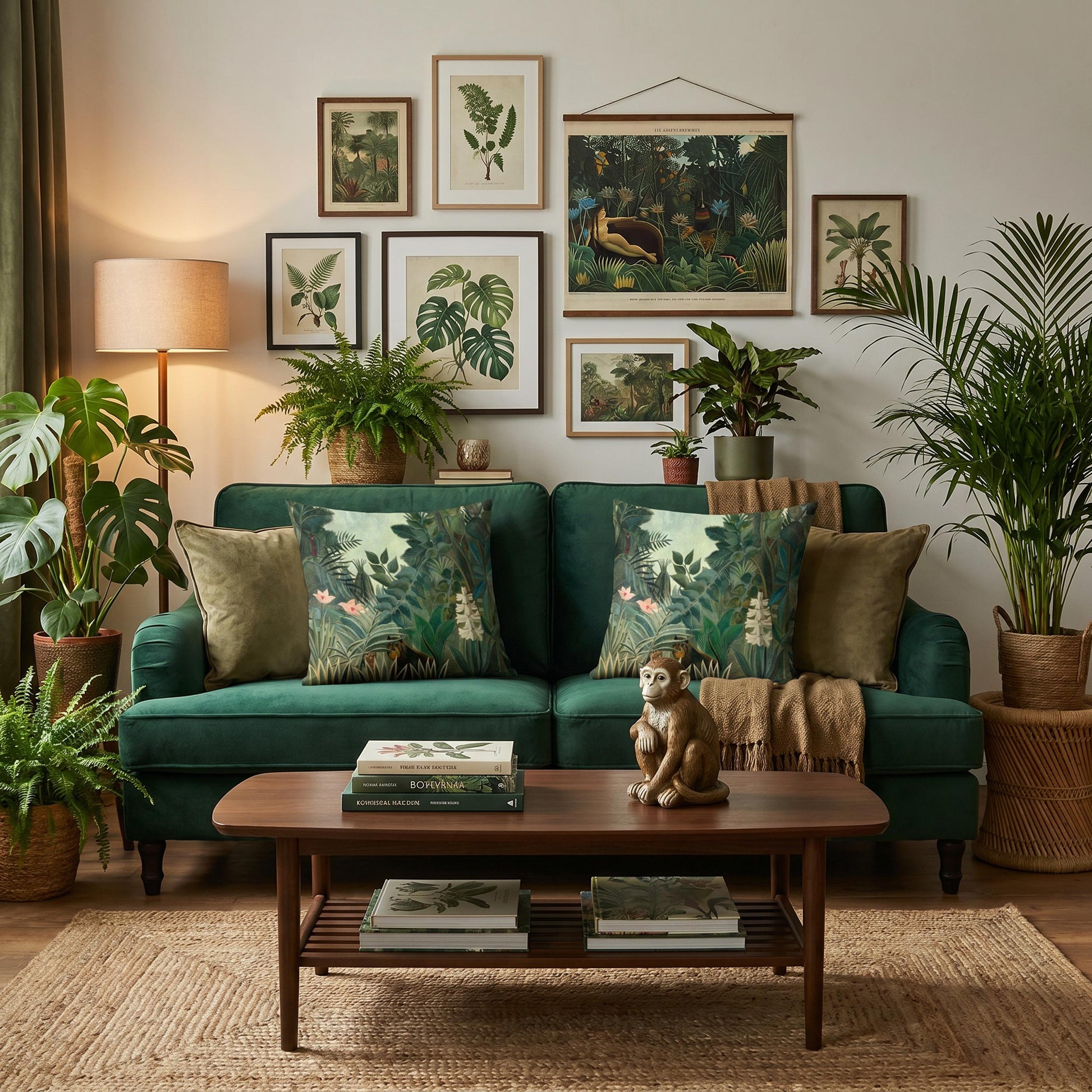 Henri Rousseau Equatorial Jungle cushion covers on a green velvet sofa with botanical gallery wall, vintage jungle prints, lush plants, and warm reading lamp — biophilic living room decor.