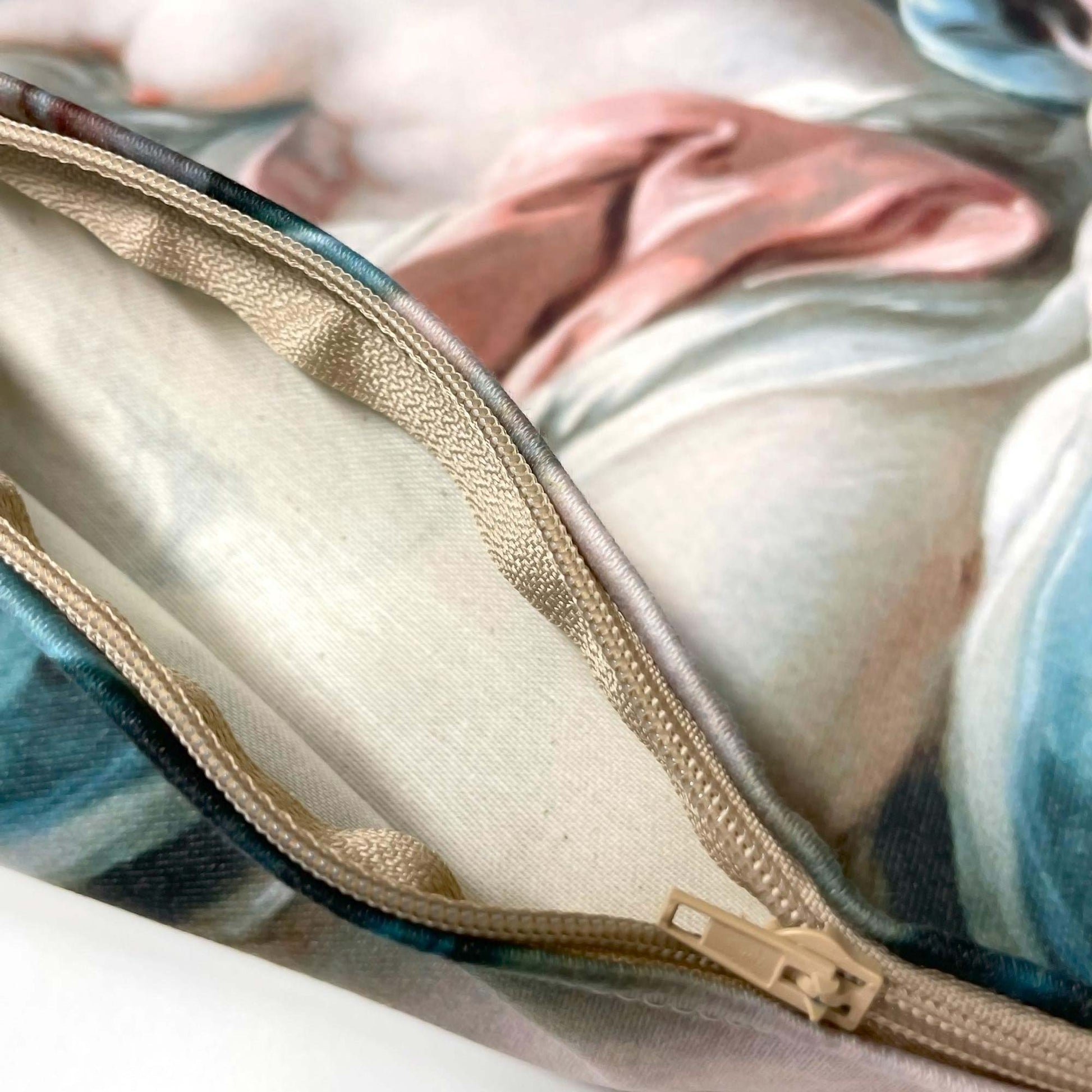 Interior stitching and concealed zipper hardware on the French Rococo Venus pillow cover.
