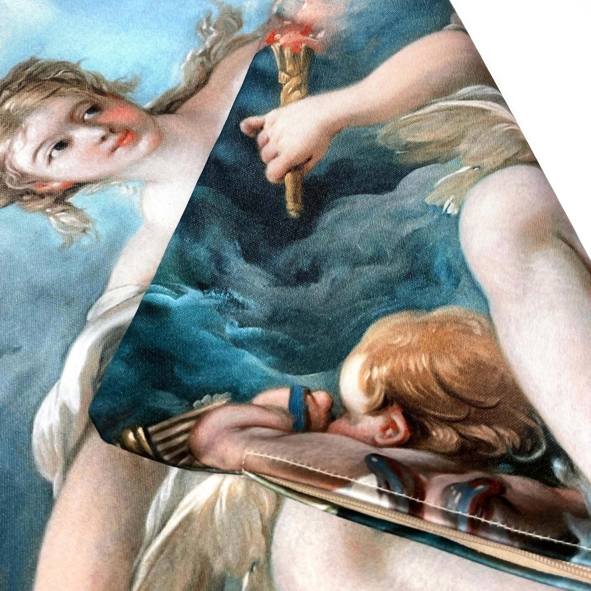 Cherub holding a torch amid pastel pink and blue drapery — painting detail from Boucher's Venus composition.