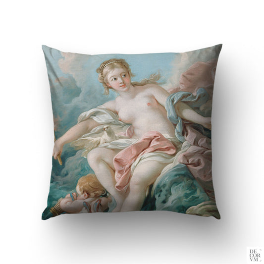 French Rococo Venus throw pillow cover — Boucher mythological scene in pastel blue, blush, and peach by Decorvm.