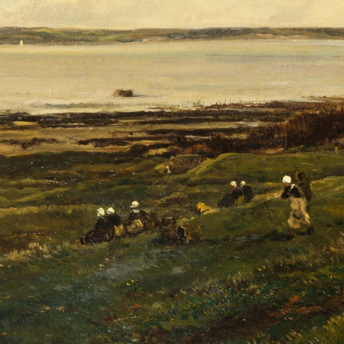 Close-up detail of French seaside landscape painting — figures in white bonnets on green coastal foreground with tidal flats and calm sea