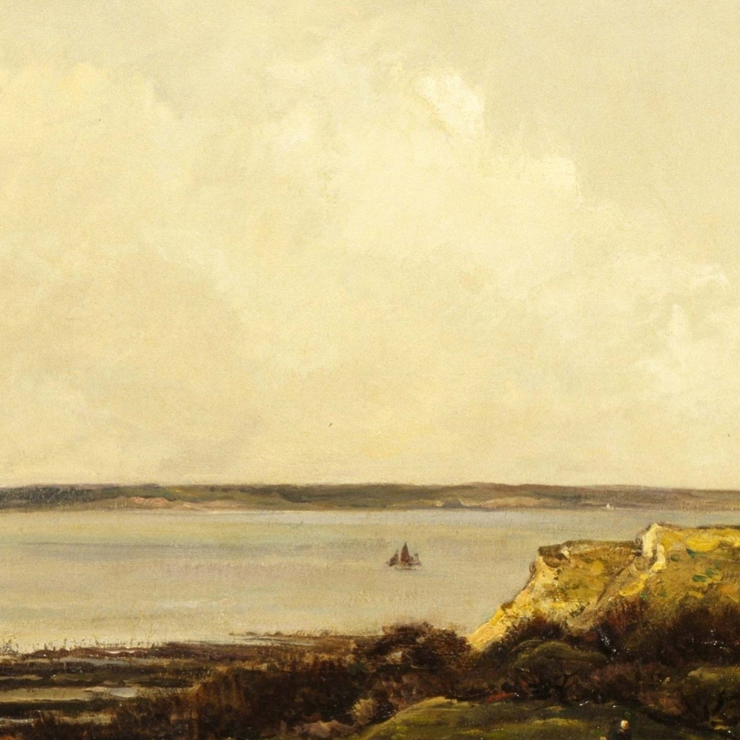 Close-up detail of French seaside landscape painting — golden coastal cliff with calm sea, sailboat, and distant shoreline under soft sky