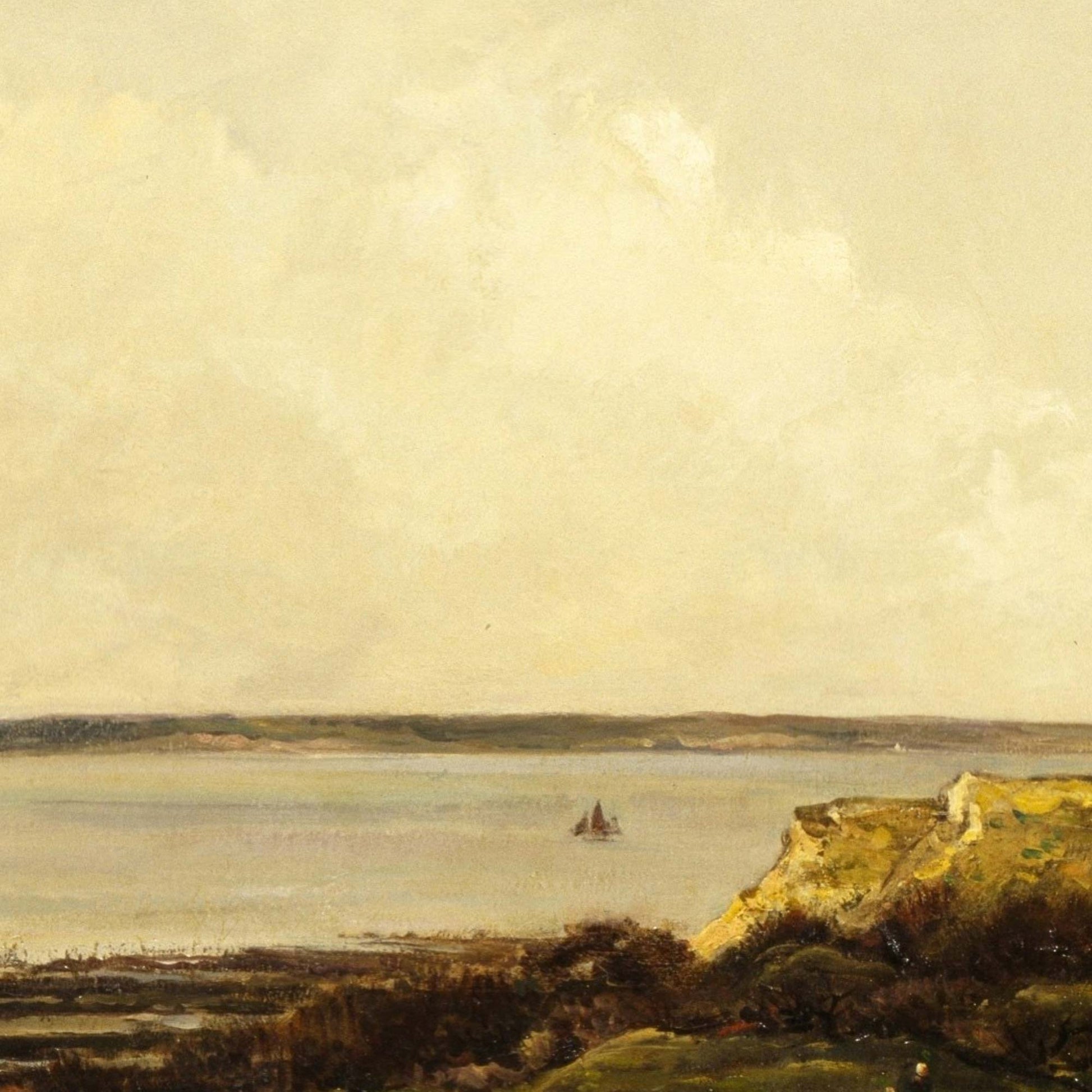 Close-up detail of French seaside landscape painting — golden coastal cliff with calm sea, sailboat, and distant shoreline under soft sky