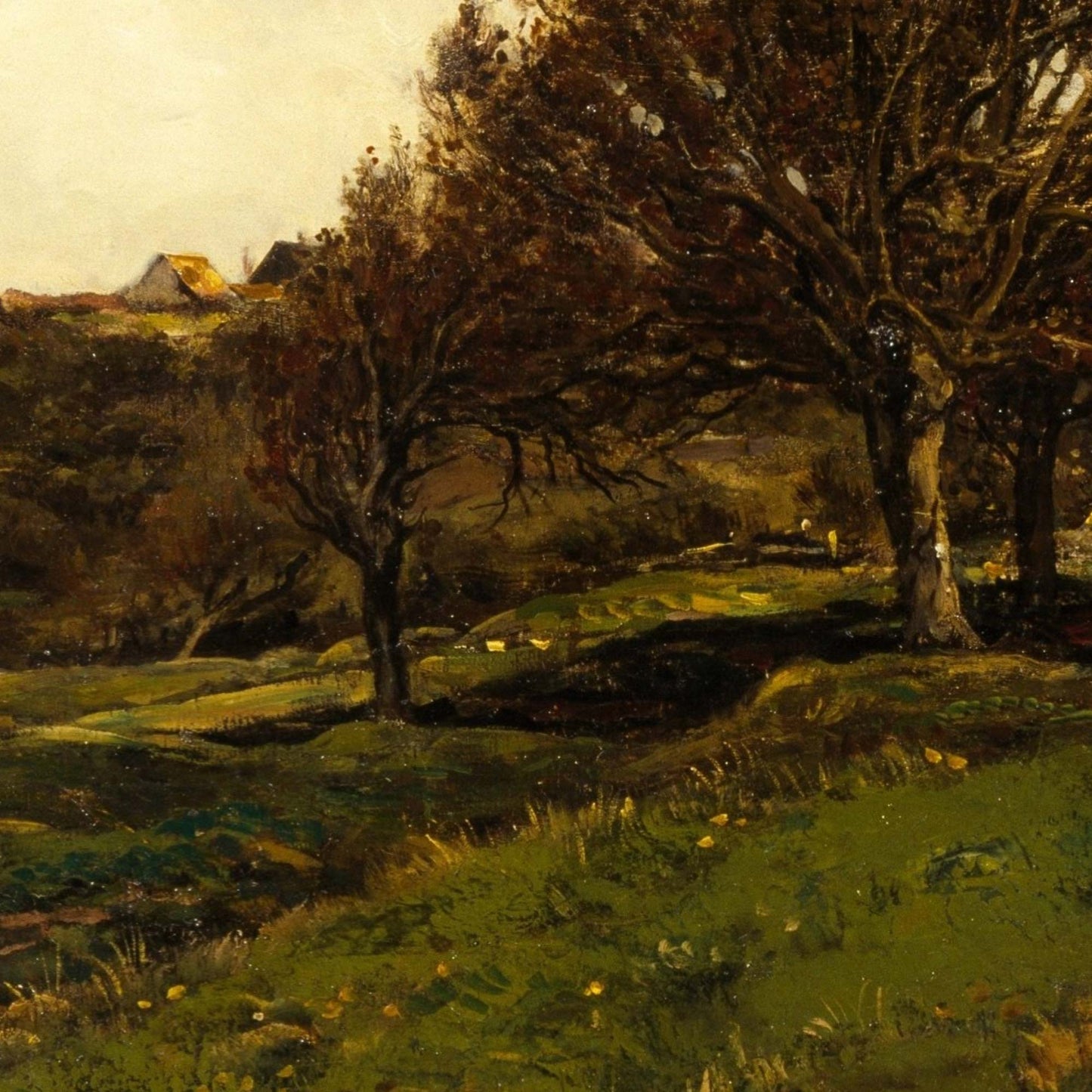 Close-up detail of French seaside landscape painting — autumn oak trees with copper foliage on green meadow, farmhouse in background