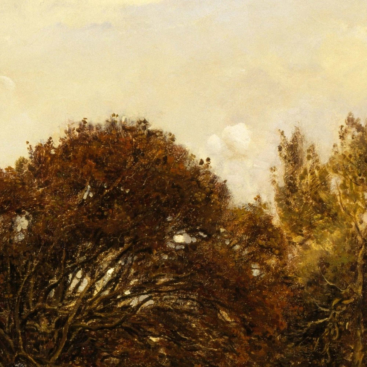 Close-up detail of French seaside landscape painting — dense autumn tree canopy with rich copper and golden foliage