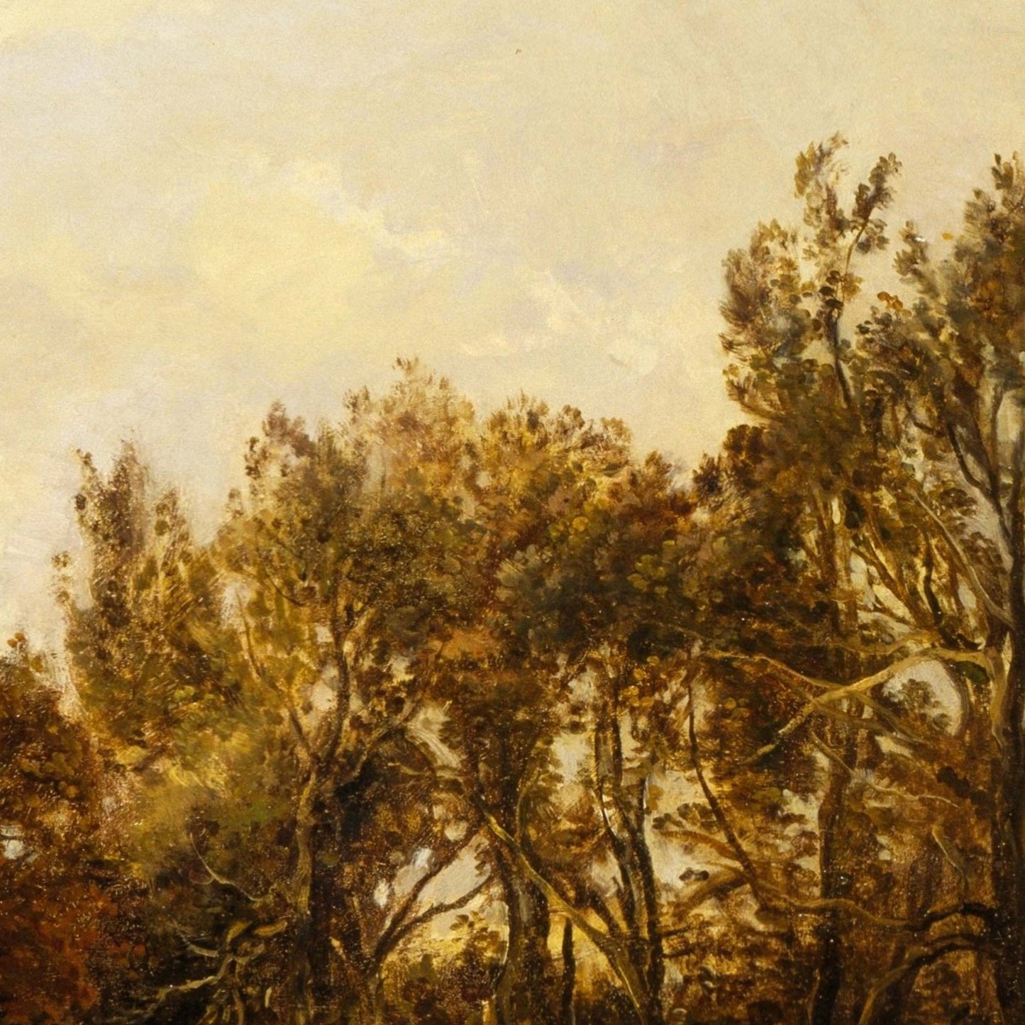 Close-up detail of French seaside landscape painting — tall mature trees with green and golden-brown foliage against pale sky