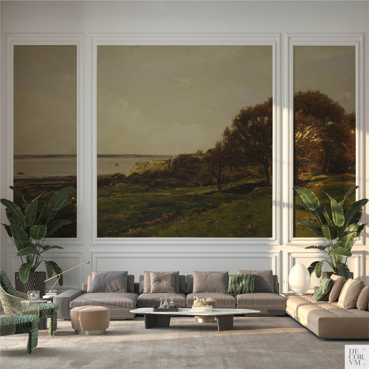 French seaside landscape wallpaper mural displayed as three framed panels in an elegant living room with paneled walls and sectional sofas