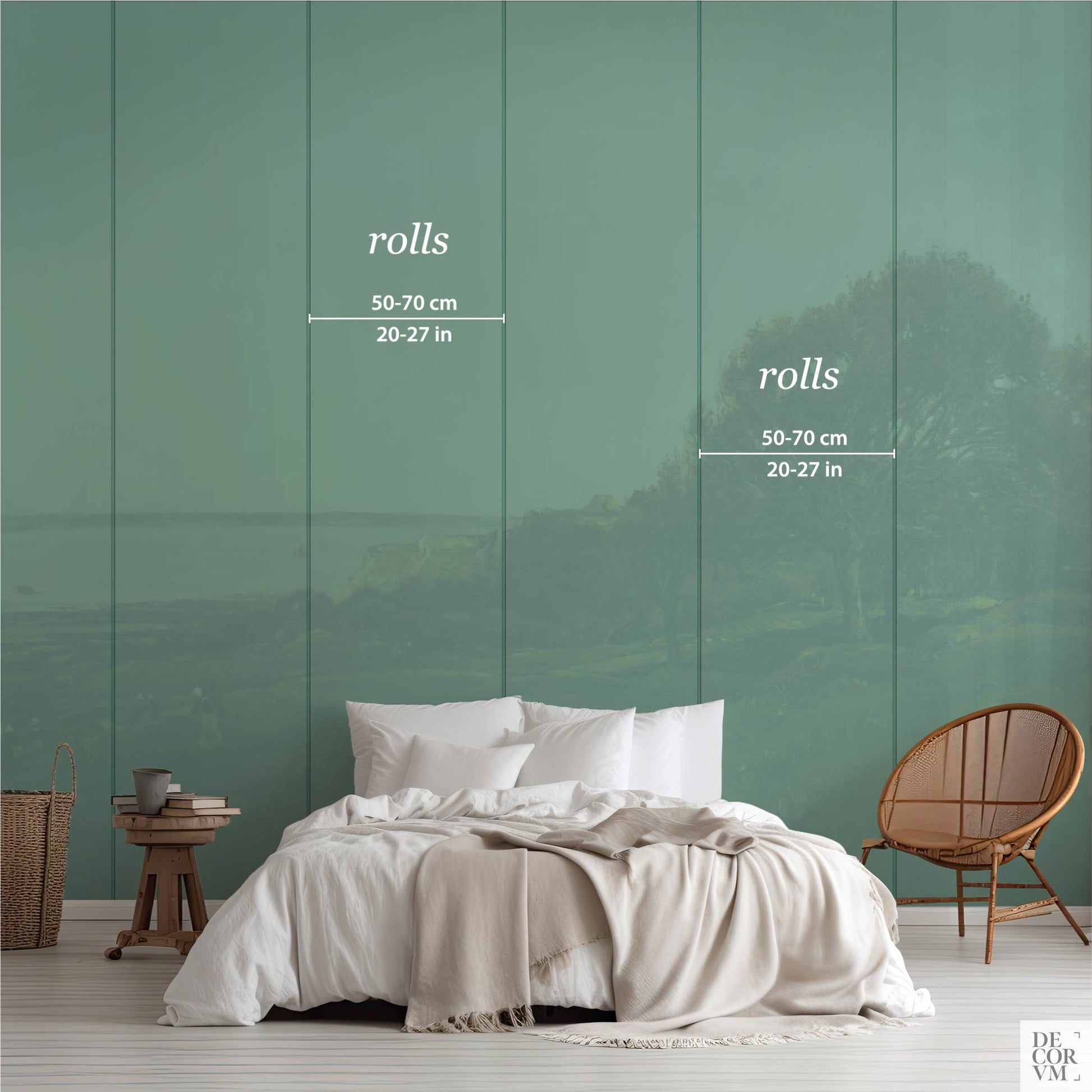 French seaside landscape wallpaper roll dimensions showing 50–70 cm width with teal overlay on vintage coastal painting