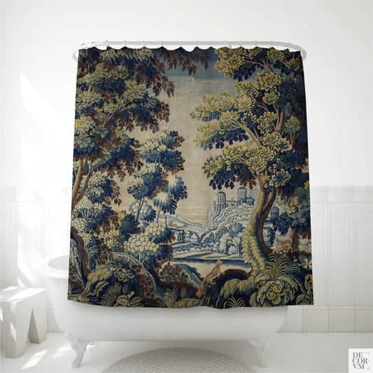 French verdure forest shower curtain over a white bathtub — Verdure avec écureuils woodland scene with chateau, squirrels, and songbirds in blue and sage by Decorvm.
