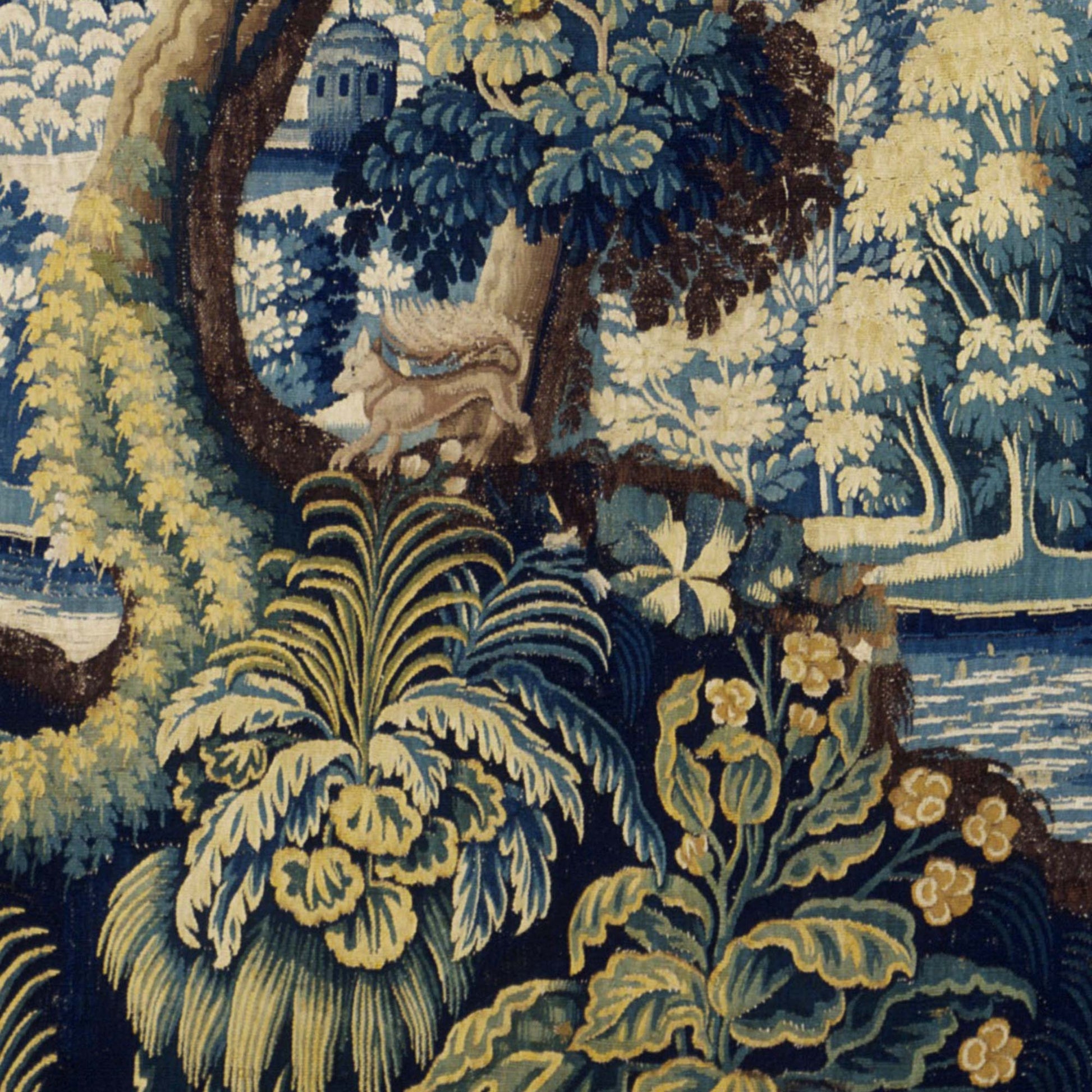 Squirrel on a curving branch above lush plants beside a serene river — design detail from the French verdure forest.