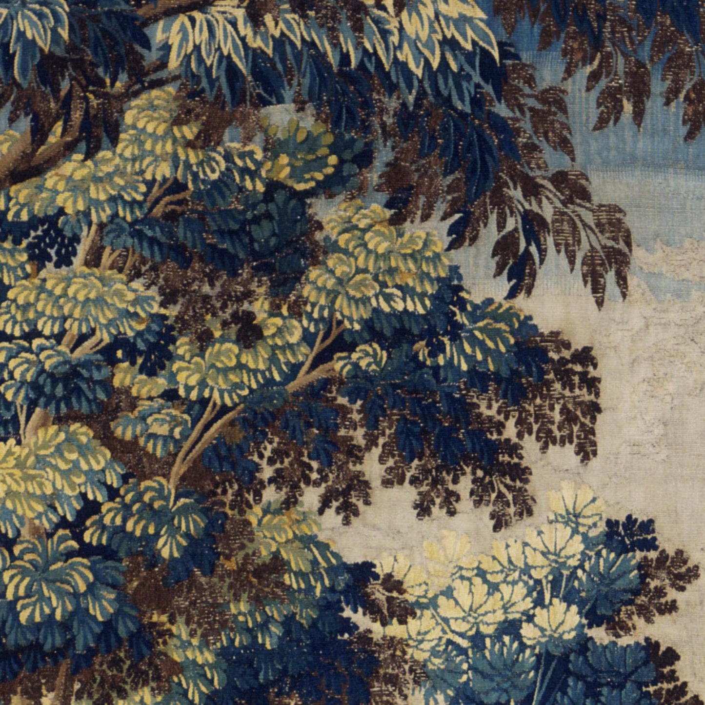 Dense layered forest foliage and winding branches in navy, sage, and earthy brown — design detail from the French verdure forest.