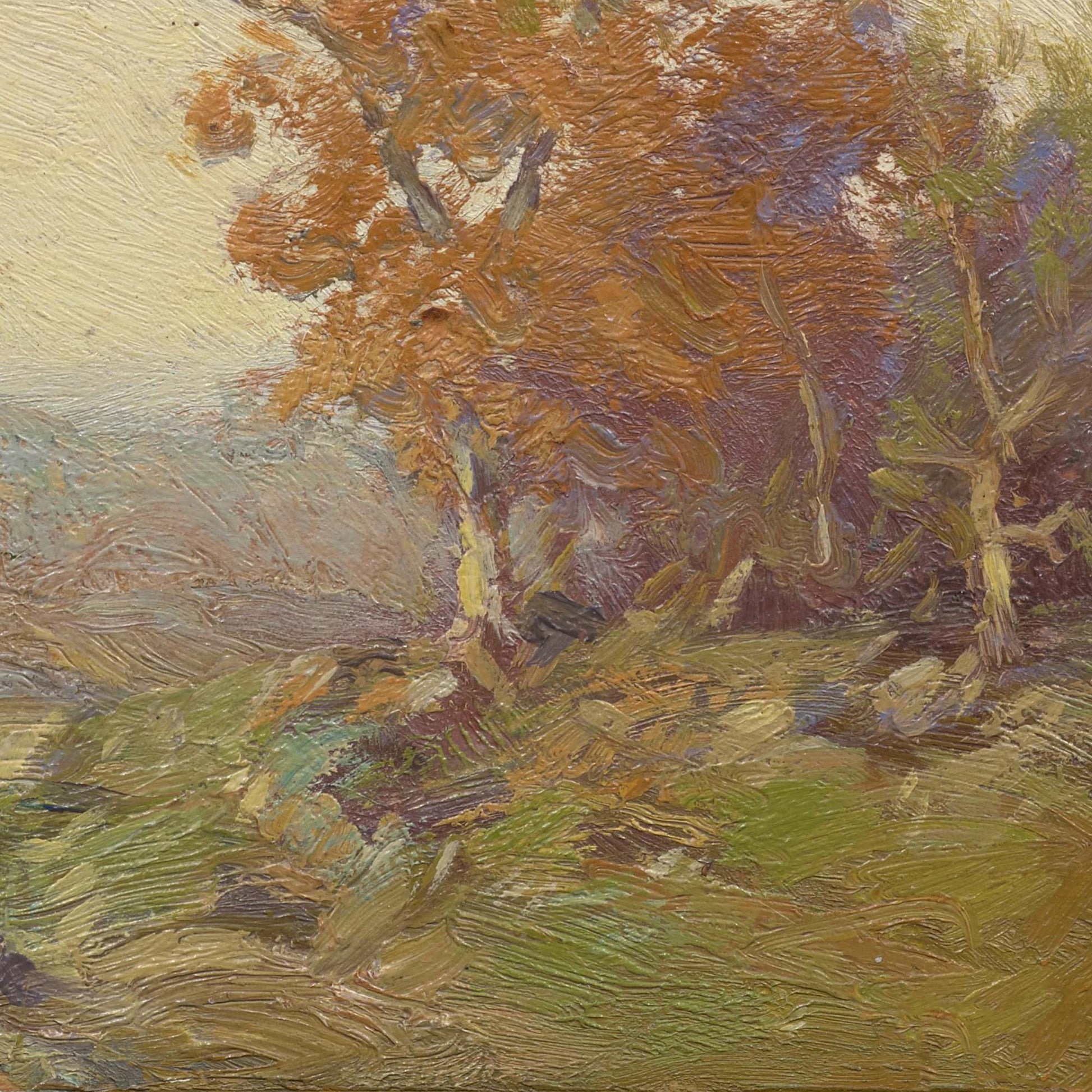Detail of autumn landscape — golden-orange tree trunk and canopy with thick impasto brushwork on green grassy hillside