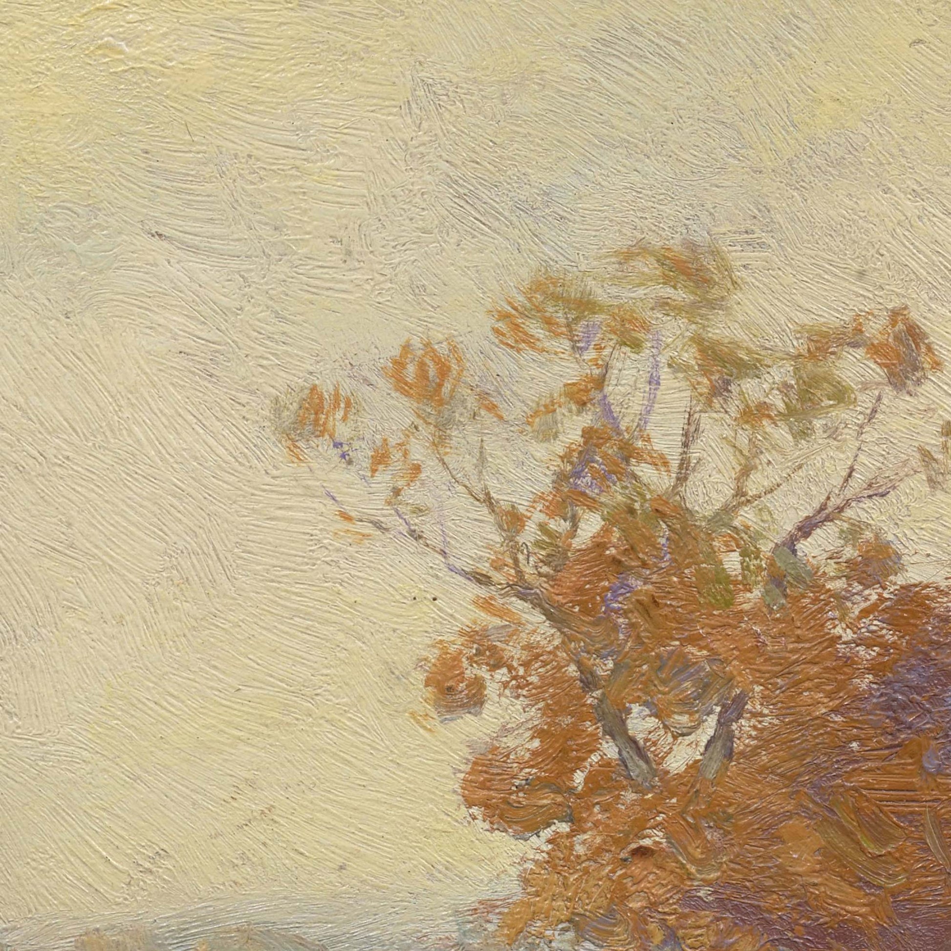 Detail of autumn landscape — tree canopy against pale golden sky with orange-brown leaves and soft lavender accents