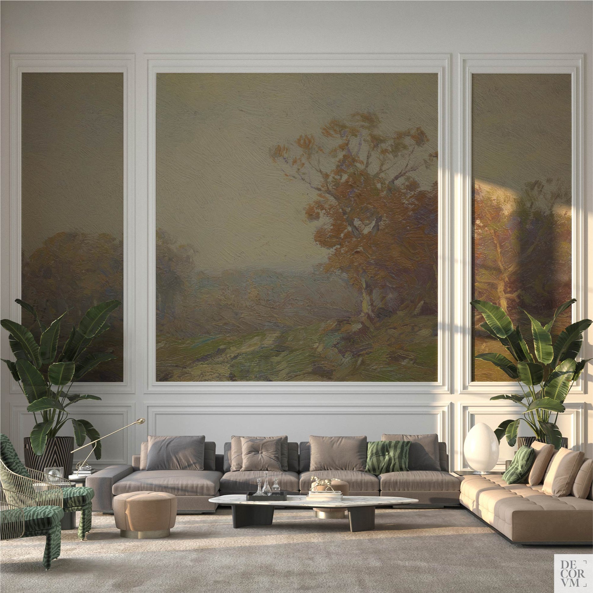 Golden autumn landscape wallpaper mural displayed as three white-framed panels in an elegant living room with sectional sofas and tropical plants