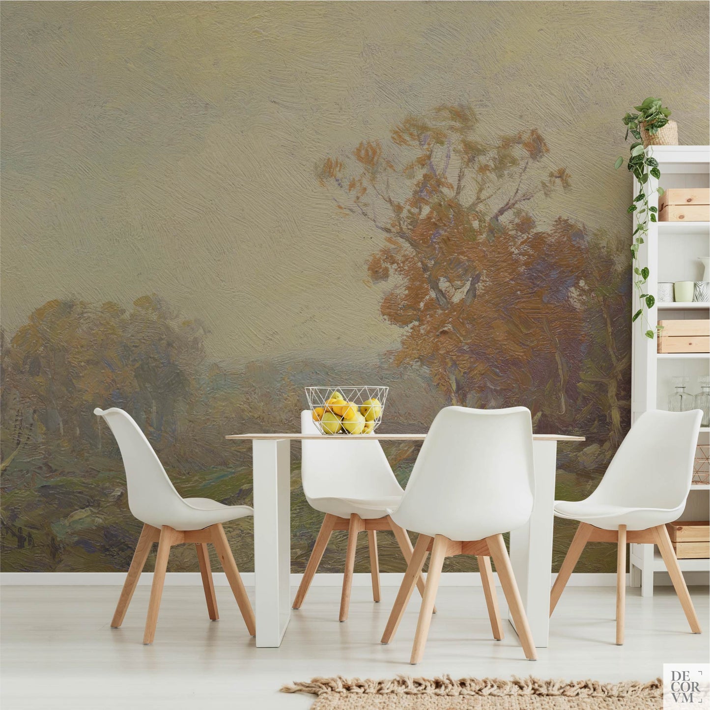 Golden autumn landscape wallpaper mural in a dining room with white table, Scandinavian chairs, and open shelving with plants