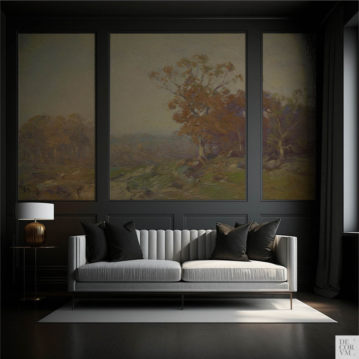 Golden autumn landscape wallpaper mural in three dark-framed panels in a dark elegant living room with white channel-tufted sofa and brass lamp