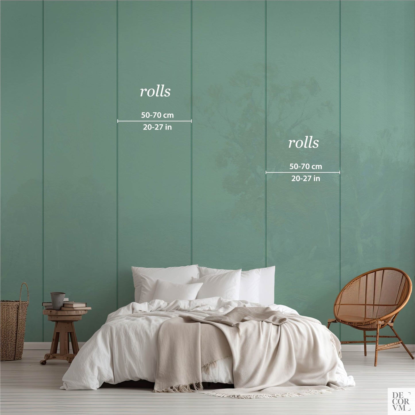 Golden autumn landscape wallpaper mural roll dimensions showing 50–70 cm (20–27 in) width with teal overlay in a bedroom setting
