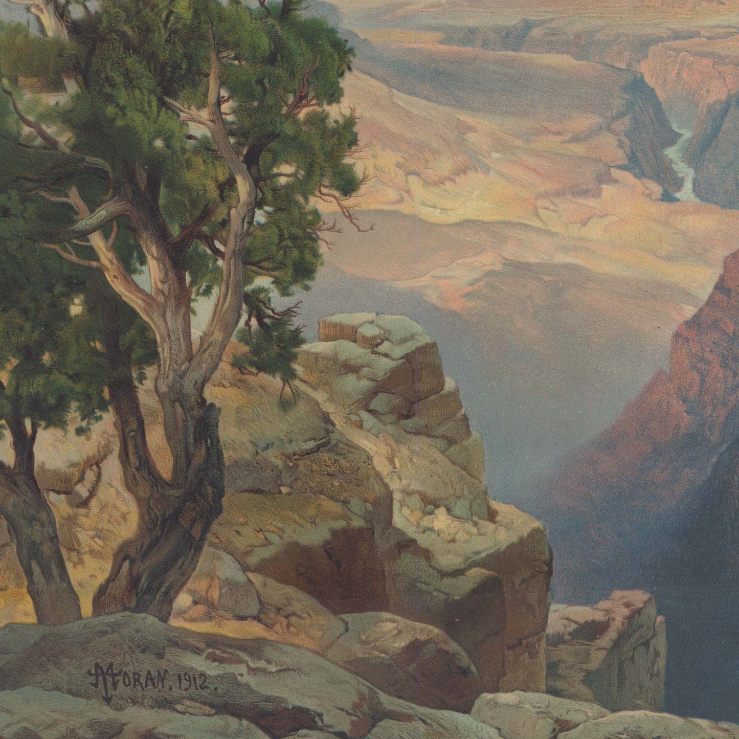 Detailed composition focusing on ancient, gnarled evergreen trees standing on a rocky ledge overlooking the deep canyon valley, featuring the artist's signature T. Moran 1912.