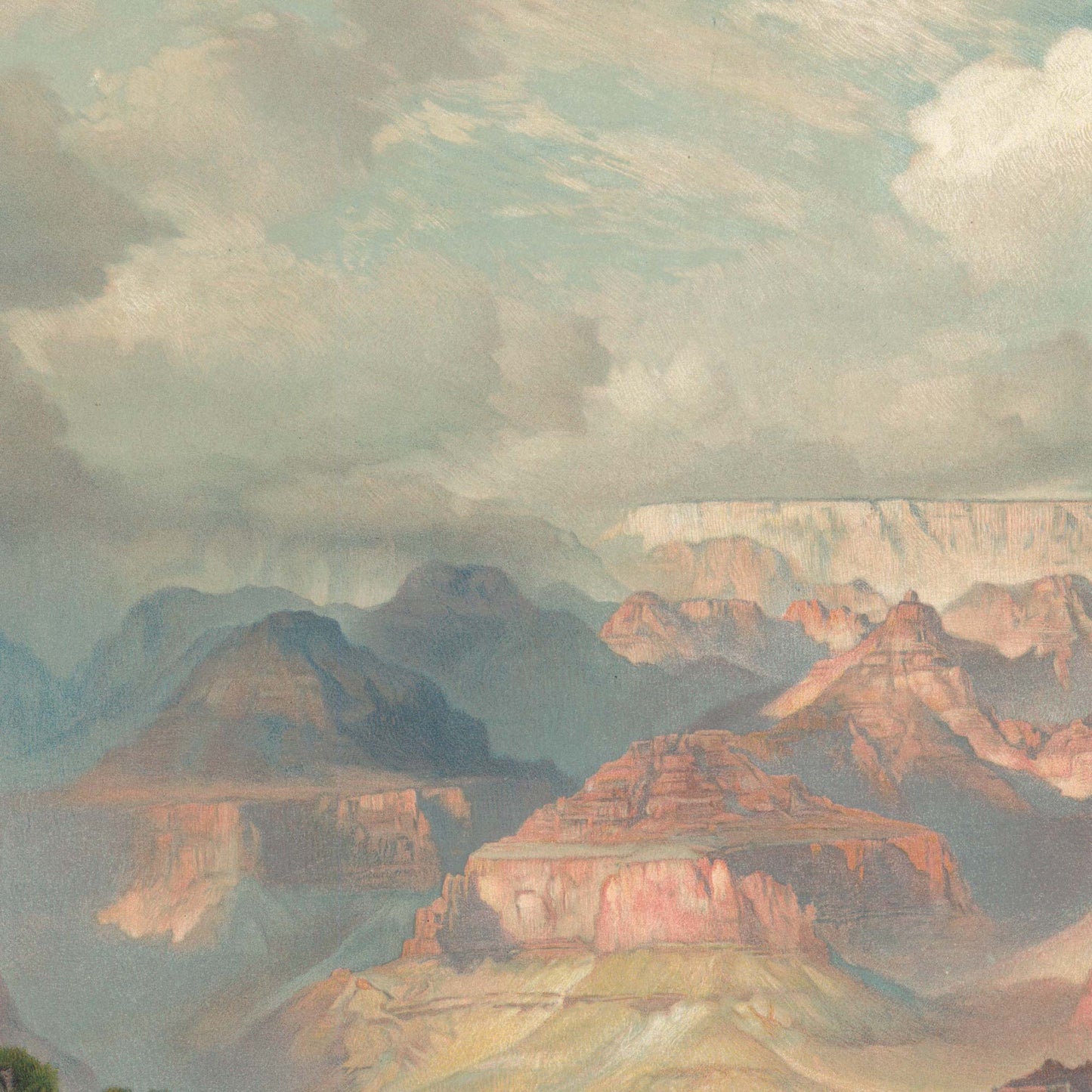 Scenic artwork detail capturing a vast, atmospheric sky with soft clouds over deeply layered Grand Canyon mesas and buttes in receding earthy hues of rose, ochre, and soft blue.