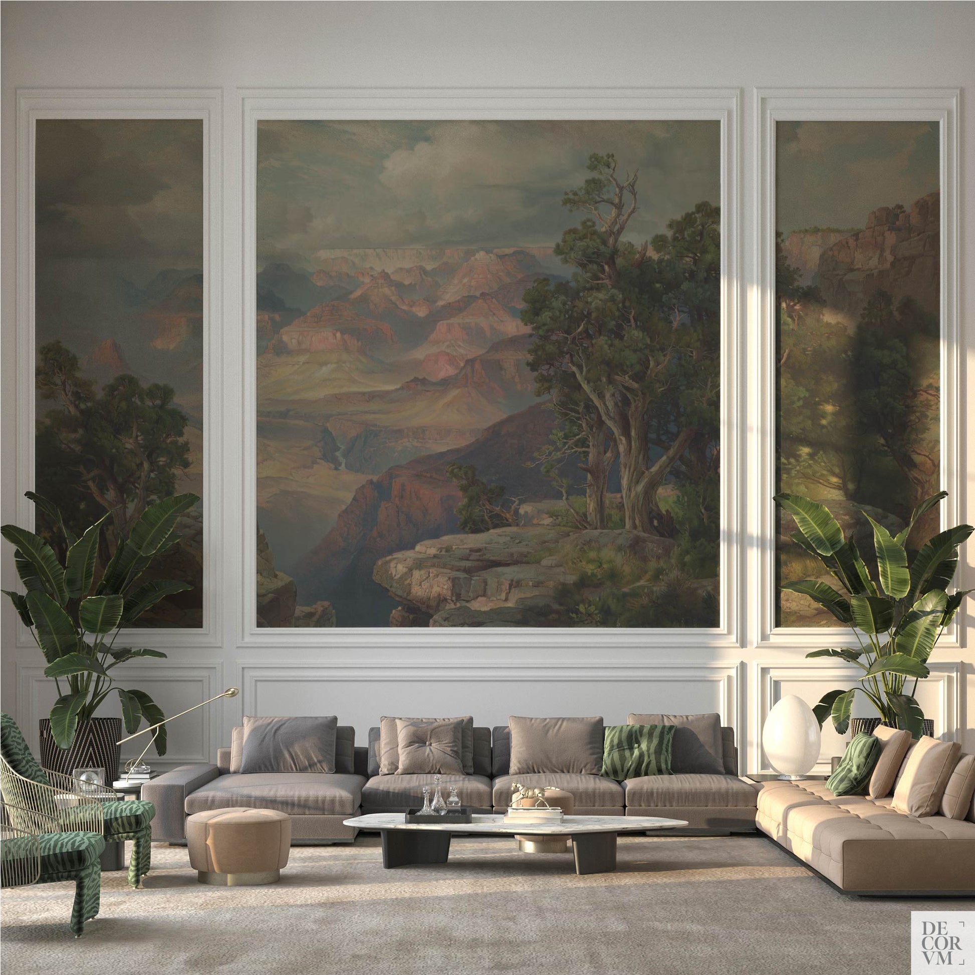 Grand Canyon artwork as a large paneled wall mural in a traditional living room with modern sofa and indoor plants