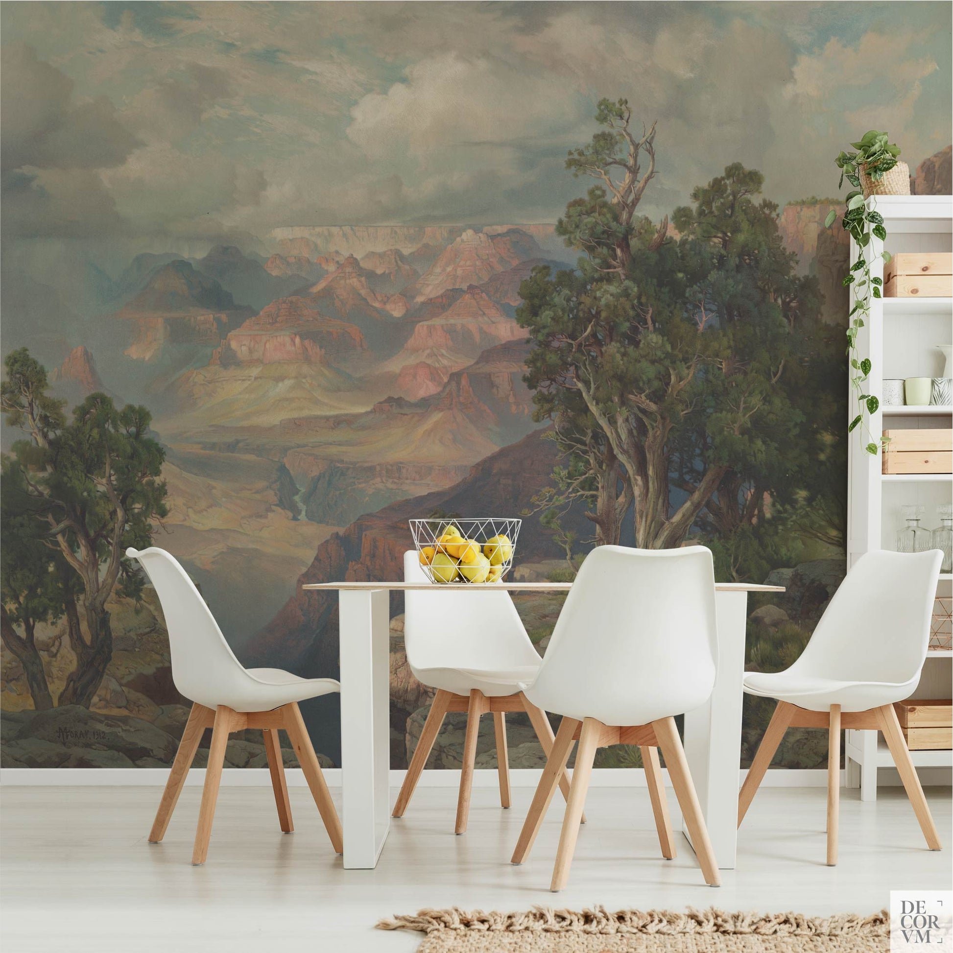 Grand Canyon landscape wall mural in a dining room — earthy southwestern canyon panorama as a feature wall behind white chairs