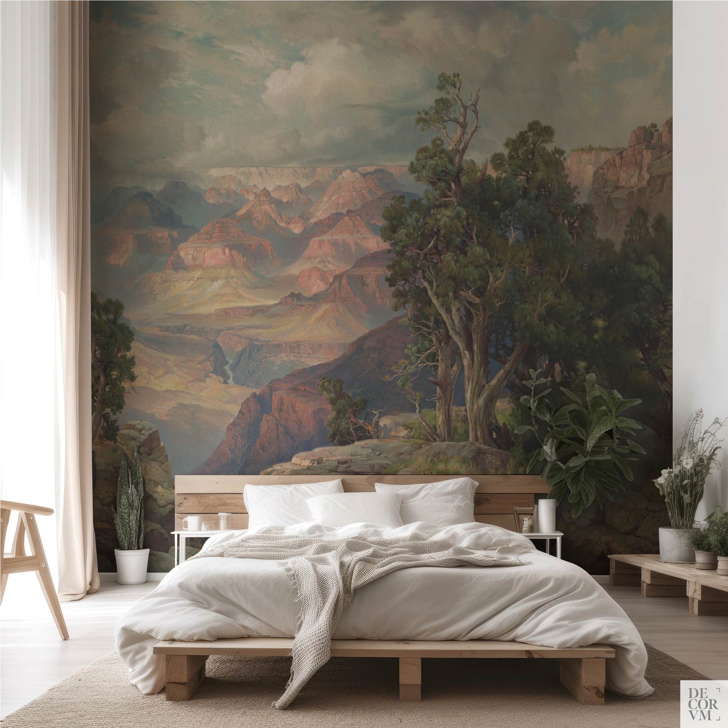 Panoramic Grand Canyon nature wallpaper mural bringing a majestic Southwestern vibe to a rustic bedroom featuring a low wooden bed and botanical elements.