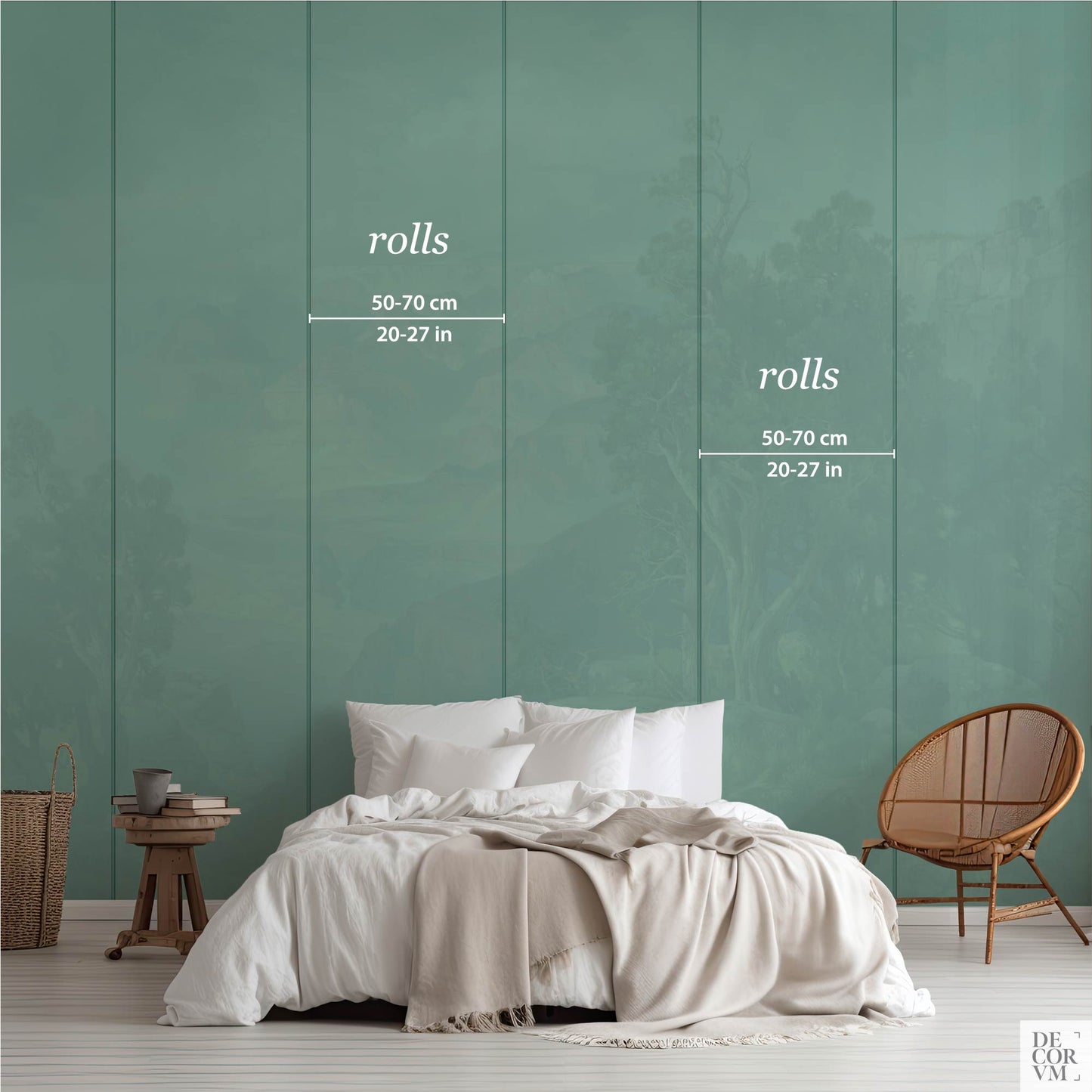 Installation guide for the Grand Canyon Arizona wallpaper mural, showing how the design is separated into vertical panels measuring 50-70 cm (20-27 in) wide.