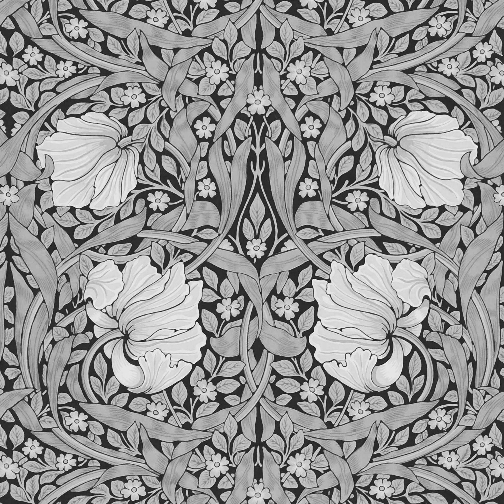 Grayscale Pimpernel pattern detail — extreme close-up of intricate black and white acanthus leaves and large symmetrical blooms from 1876