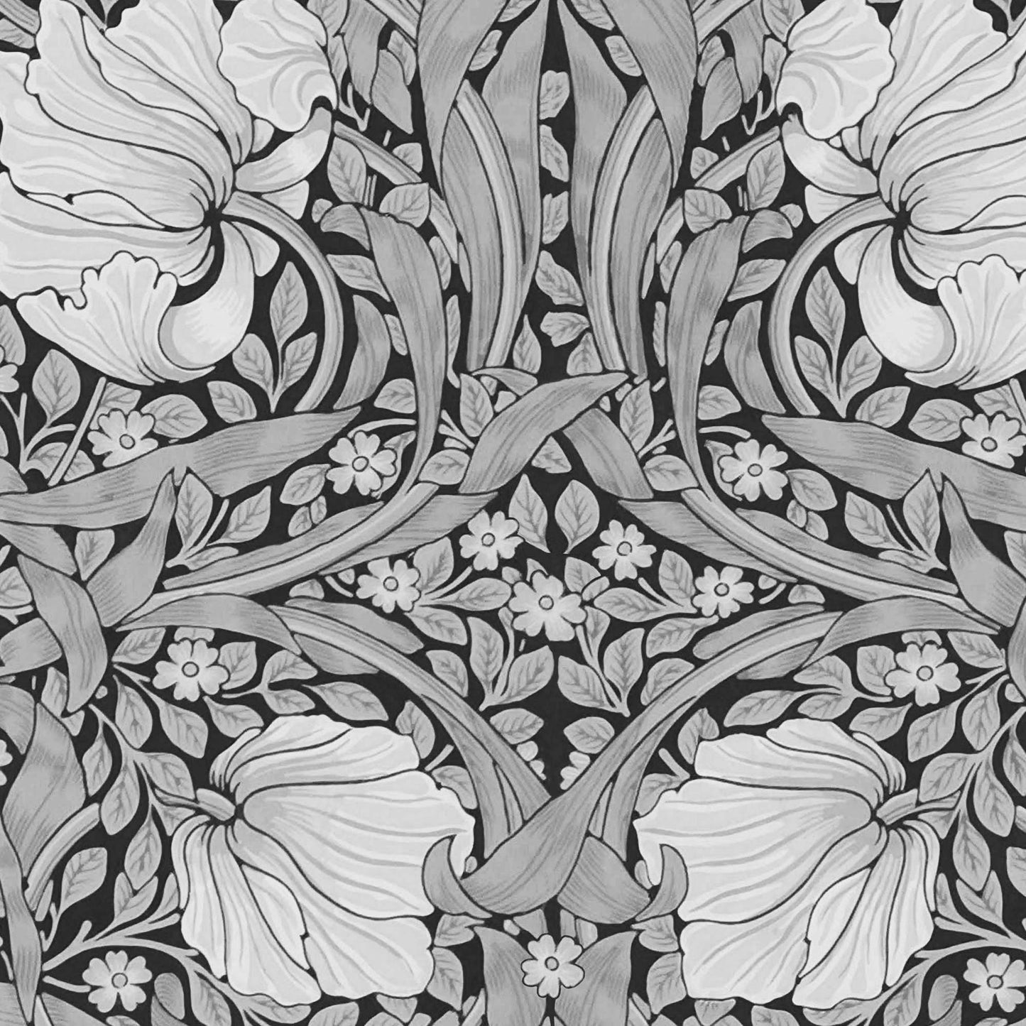 Grayscale Pimpernel pattern detail — vintage monochrome William Morris floral motif with historic Arts and Crafts botanical elements