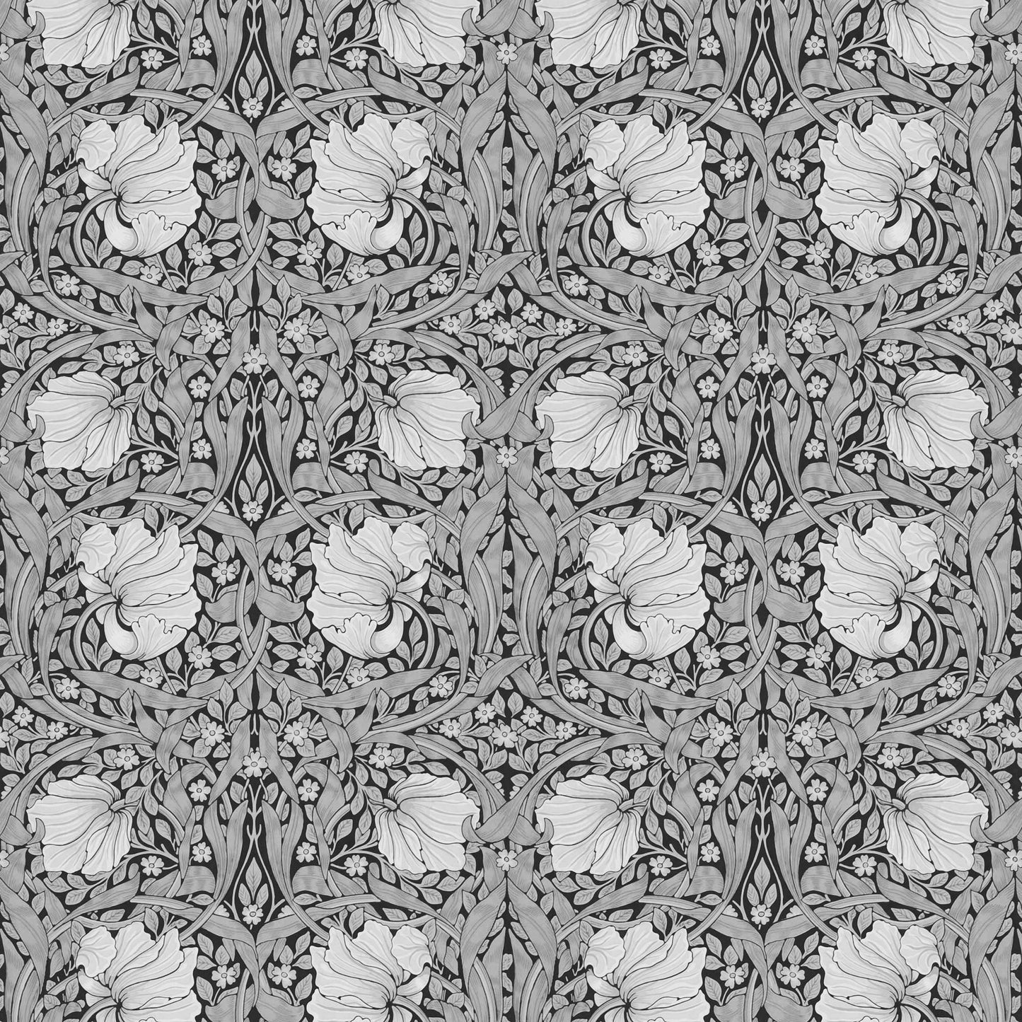 Grayscale Pimpernel pattern detail — seamless repeating tile of the monochrome William Morris botanical 1876 design